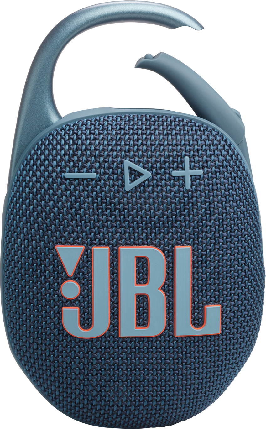 Ein blauer JBL Clip 4 tragbarer Lautsprecher mit Karabinerhaken.