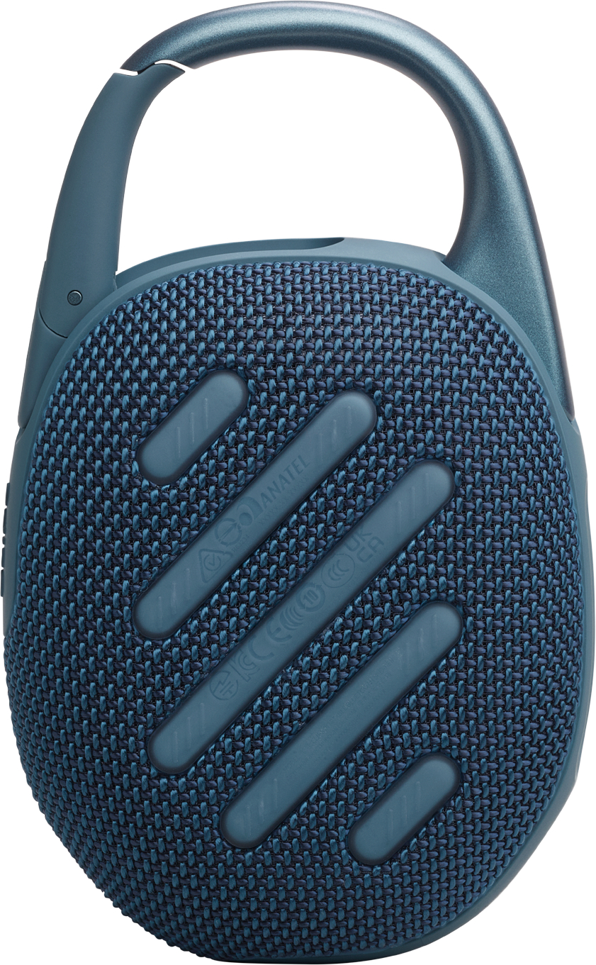 Türkisfarbener Bluetooth-Lautsprecher. Mit Karabinerhaken, Knöpfen und Mesh-Lautsprecherabdeckung.