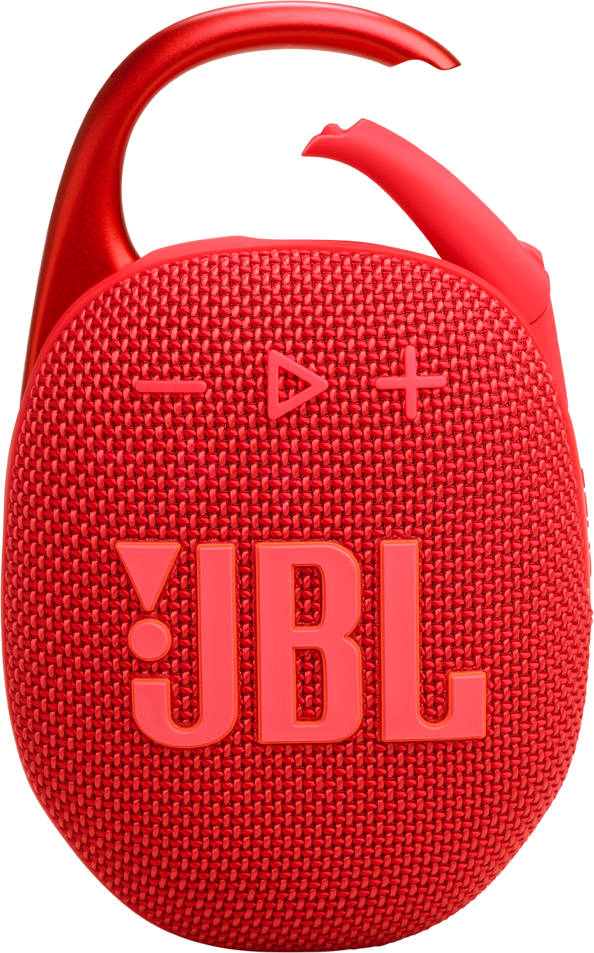 Roter JBL Clip-Lautsprecher mit Karabinerhaken und Bedienelementen.