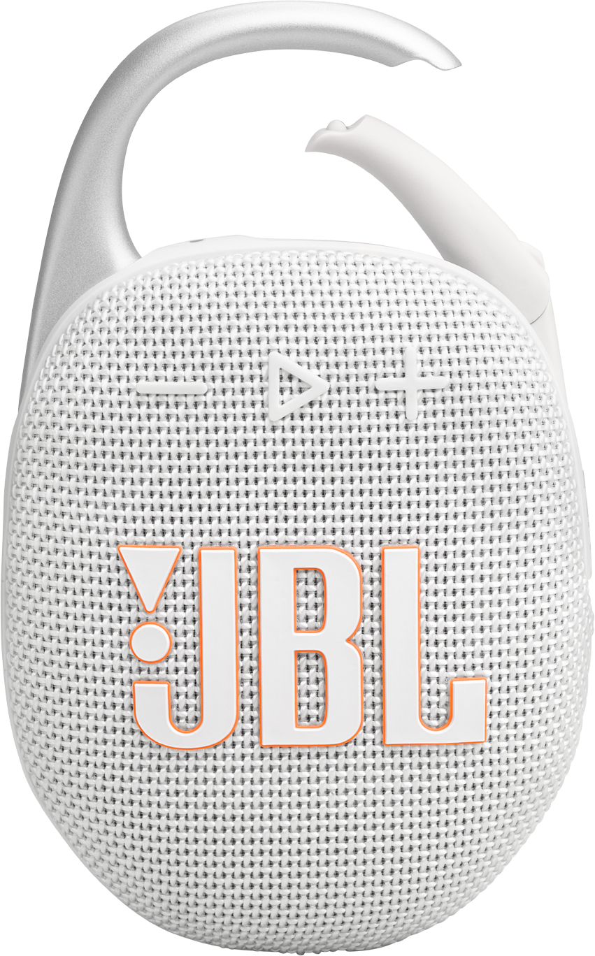 Weißer tragbarer JBL Clip+-Lautsprecher. Er hat eine weiße Mesh-Front mit dem JBL-Logo in Orange.