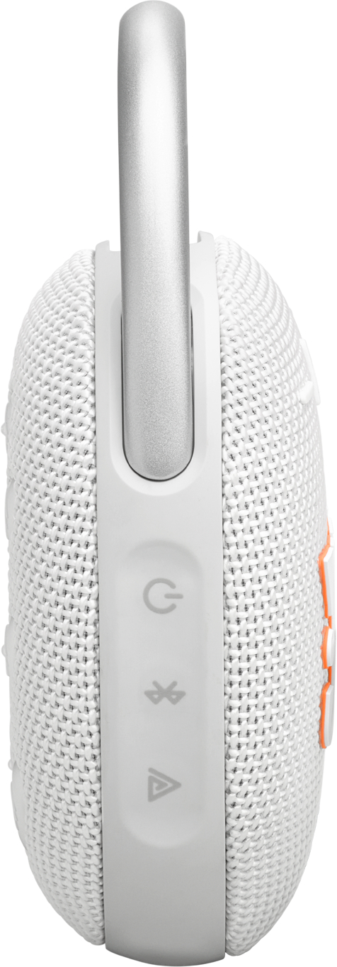 Seitenansicht eines weißen und grauen JBL-Lautsprechers mit Knöpfen und silbernem Griff.