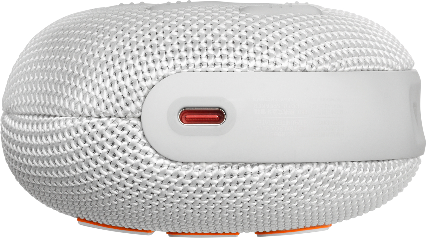 Weißer tragbarer Lautsprecher, Seitenansicht mit USB-C-Anschluss.