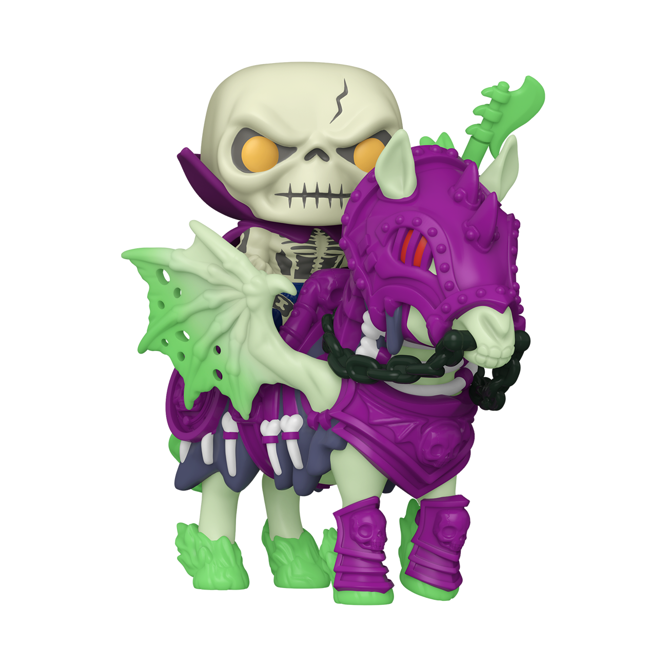 Skeletor reitet auf einem lila Pferd. Skelett mit Schwert, grün geflügeltes Pferd, schwarzer Hintergrund.