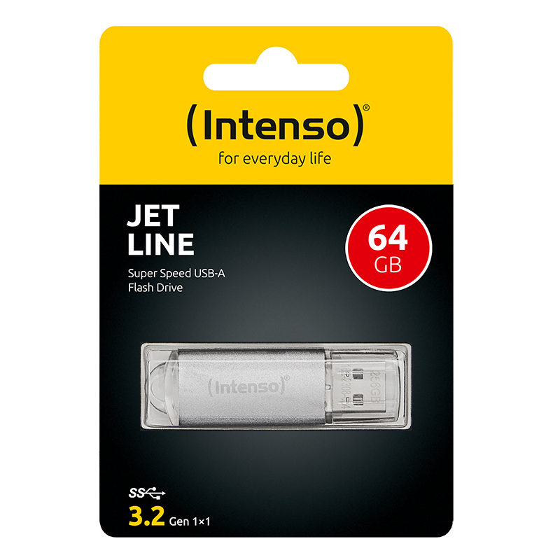 Silberner USB-Stick in Kunststoffverpackung. Text auf der Verpackung lautet 'Jet Line'.