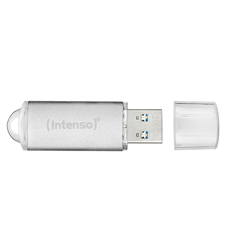 Ein silberner (Intenso) USB-Stick ohne Kappe, der den USB-Anschluss zeigt.