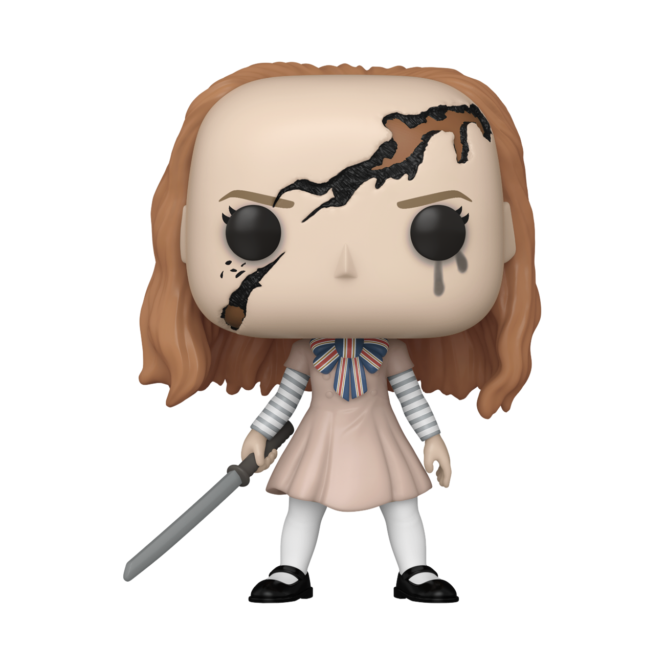 Funko Pop Figur einer Puppe. Die Puppe hat eine Narbe im Gesicht und hält ein Schwert.