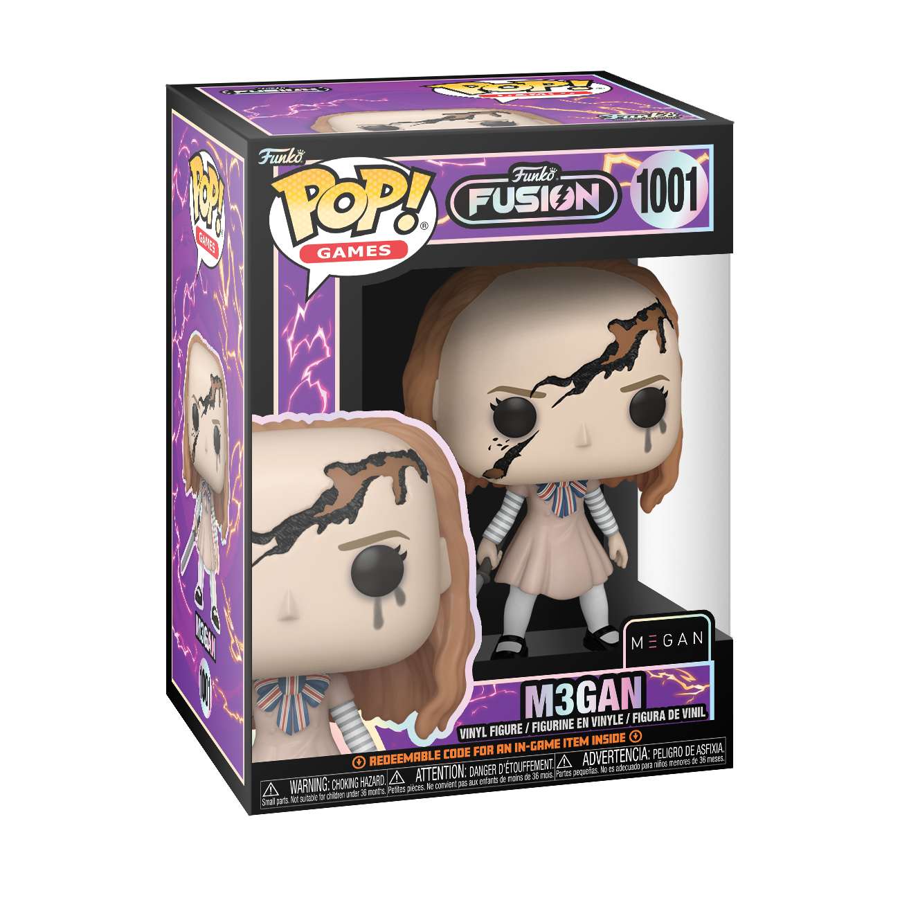 Eine Funko Pop! Box mit einer Figur von M3GAN, einer Puppenfigur mit dunklen Markierungen.