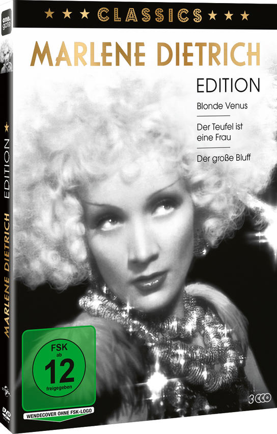 DVD-Cover von Marlene Dietrich. Schwarz-Weiß-Foto der Schauspielerin mit Text auf Deutsch.
