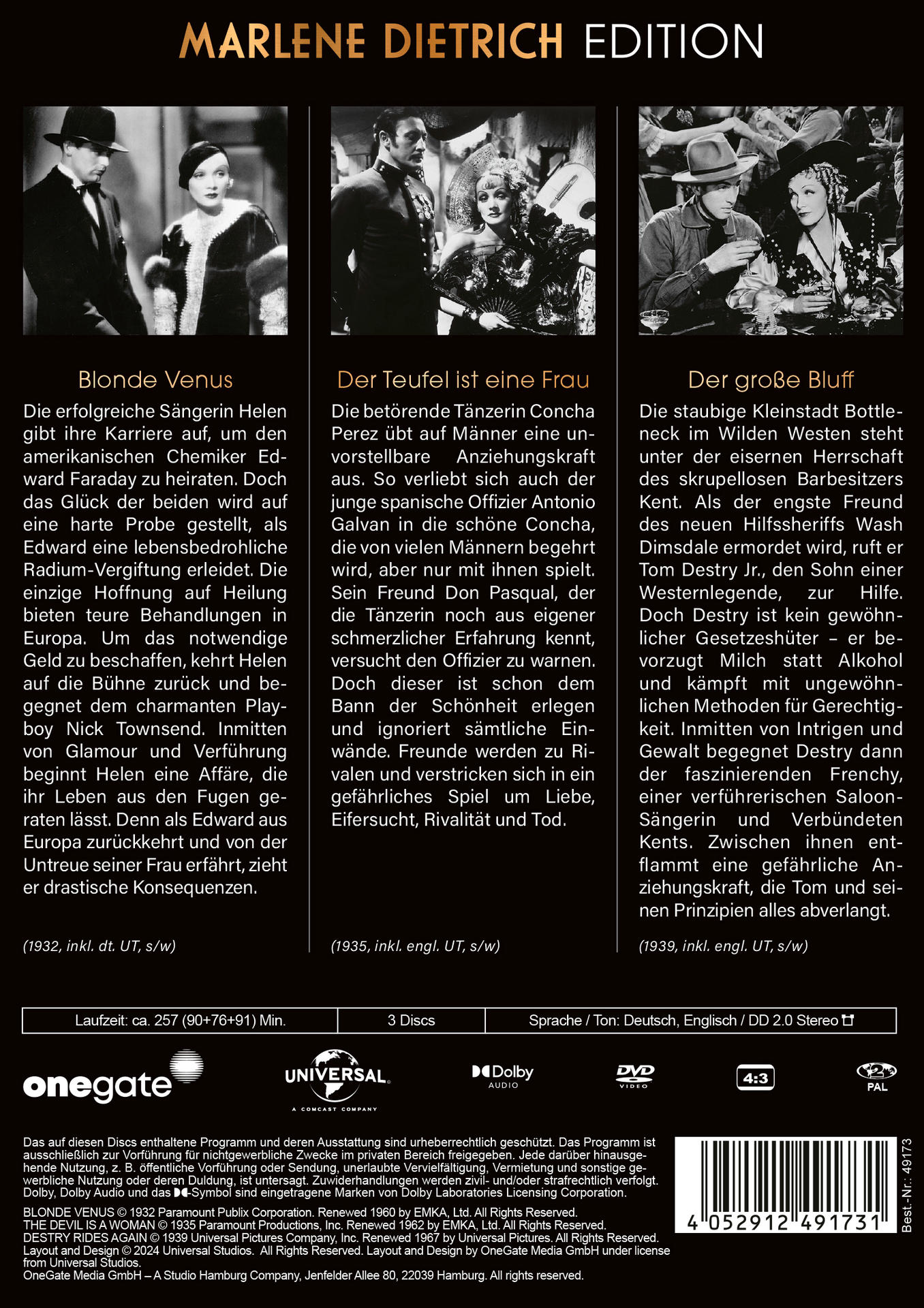 Marlene Dietrich-Filmplakat mit drei Standbildern, Text auf Deutsch.