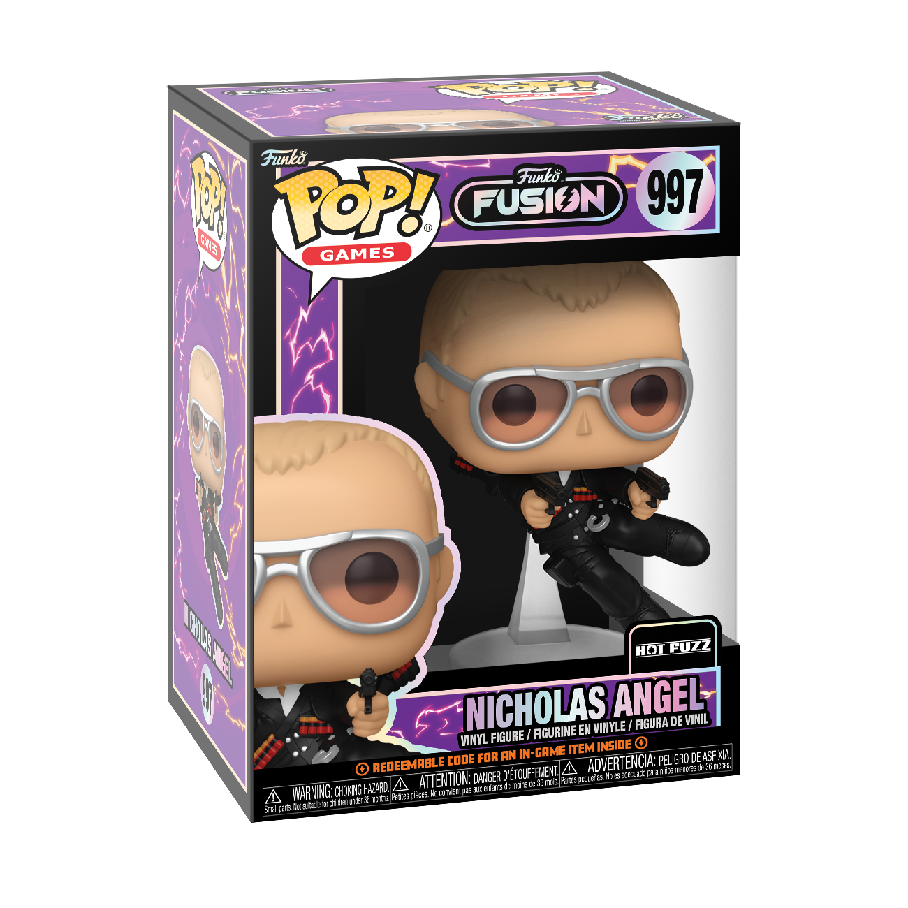 Eine Funko Pop!-Box mit Nicholas Angel mit Waffen. Die Box hat die Funko Pop!- und Hot Fuzz-Logos.
