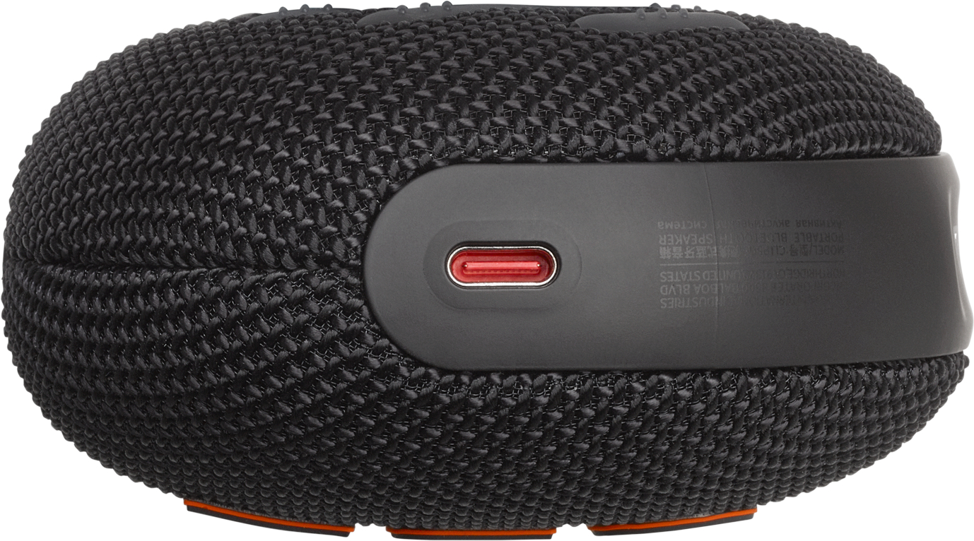 Schwarzer, ovaler Lautsprecher mit USB-C-Anschluss und orangefarbenen Akzenten, weißer Hintergrund.