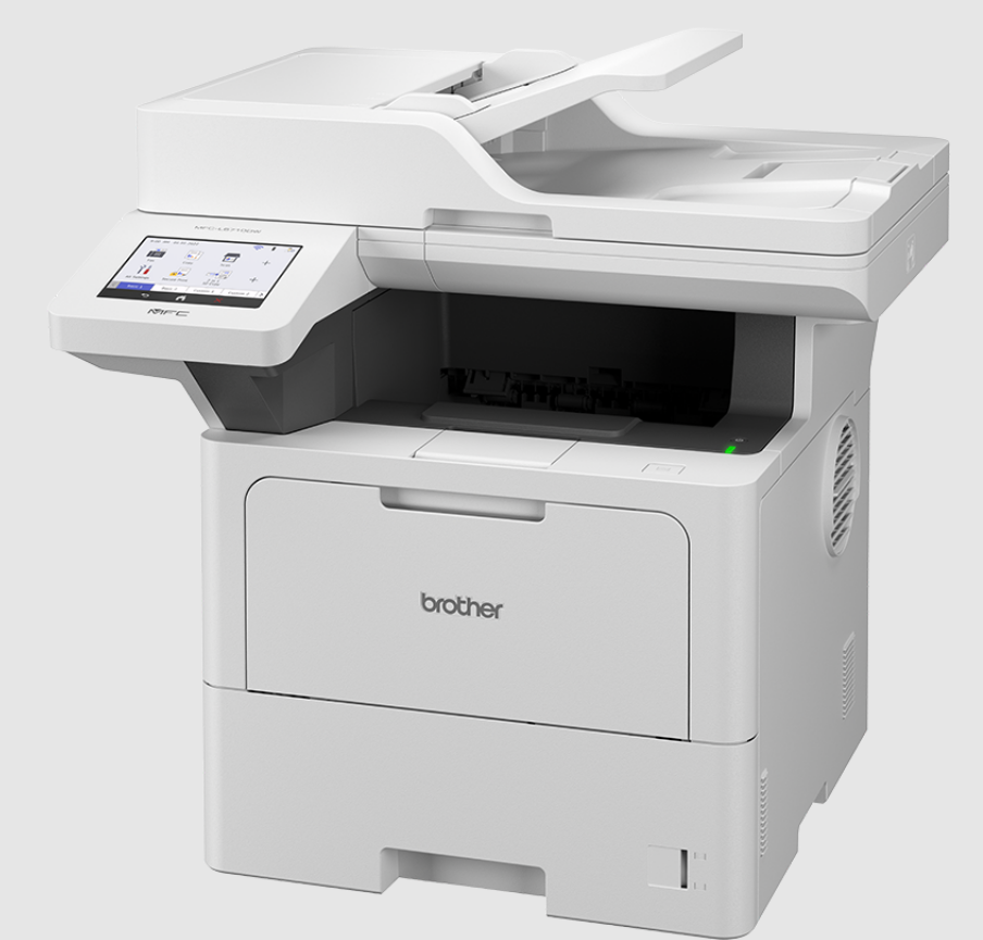 Ein weißer Brother-Drucker mit Touchscreen und Papierfach.