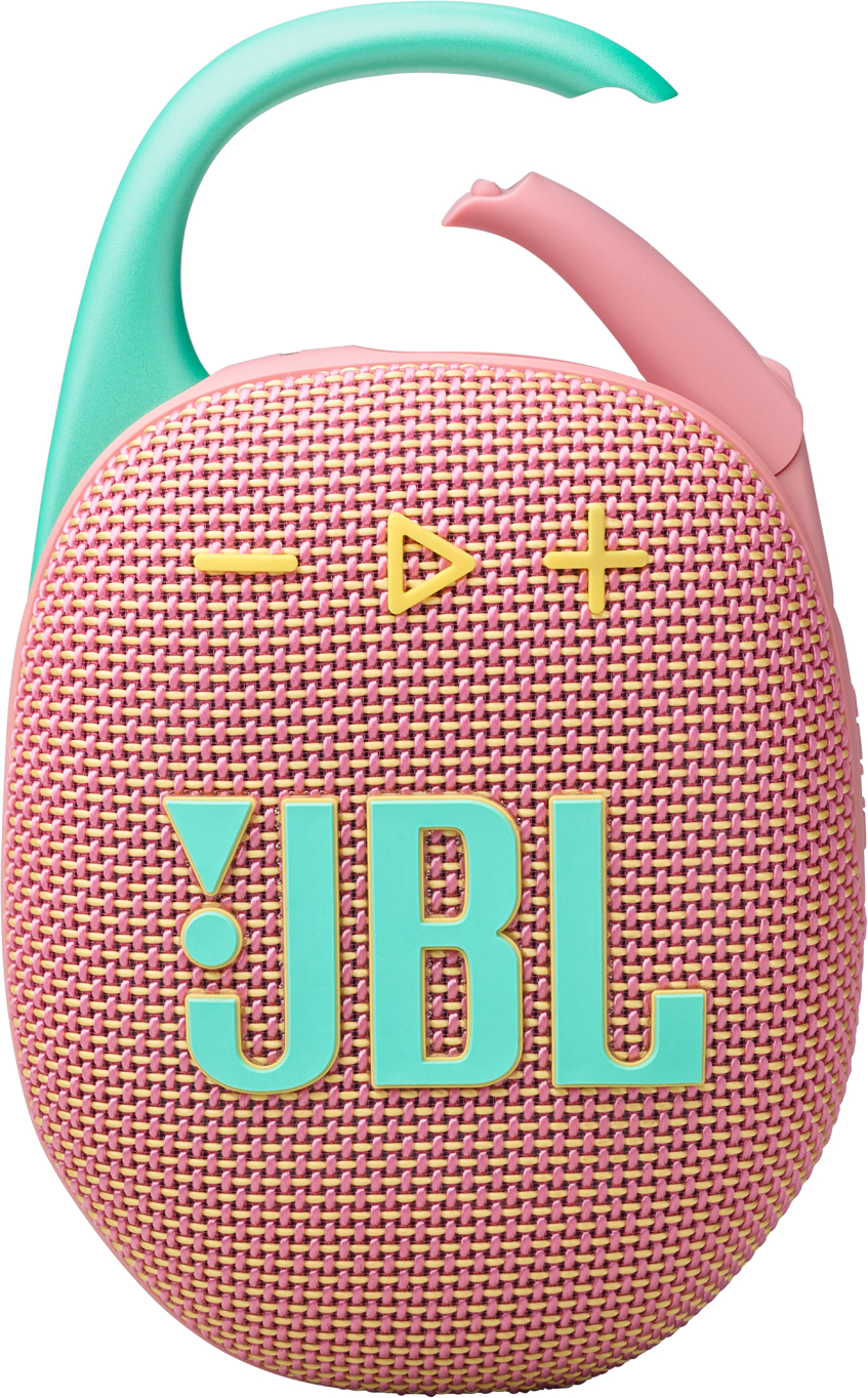 Rosa und türkis JBL Clip Lautsprecher. Er hat einen Karabinerhaken und eine Mesh-Front mit JBL-Logo.