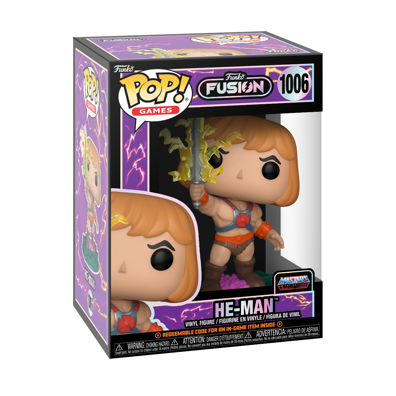 He-Man Spielfigur in einer Box, mit Schwert und muskulöser Statur.