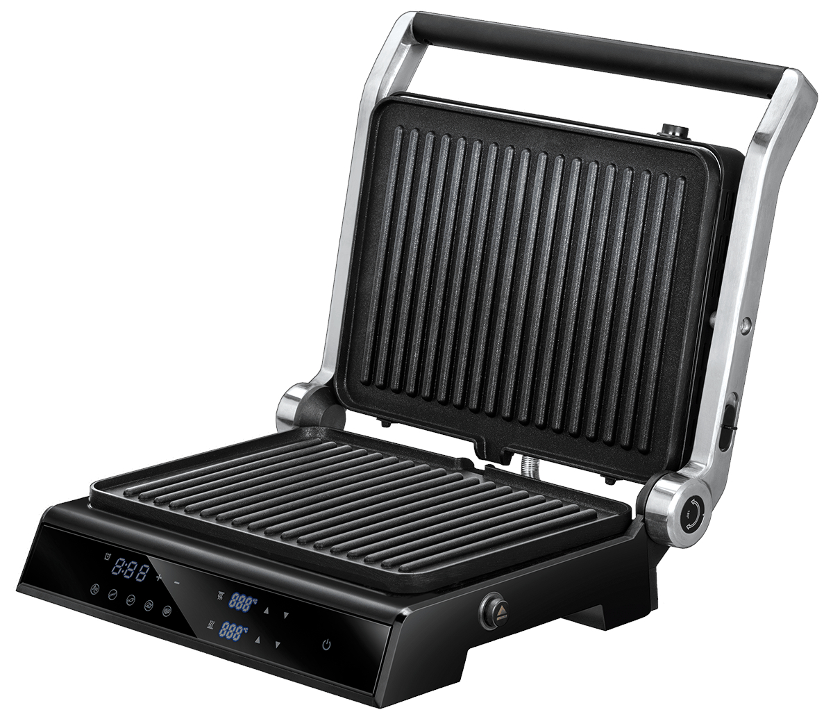 Otwarta czarno-srebrna prasa do panini z cyfrowym wyświetlaczem, na białym tle.