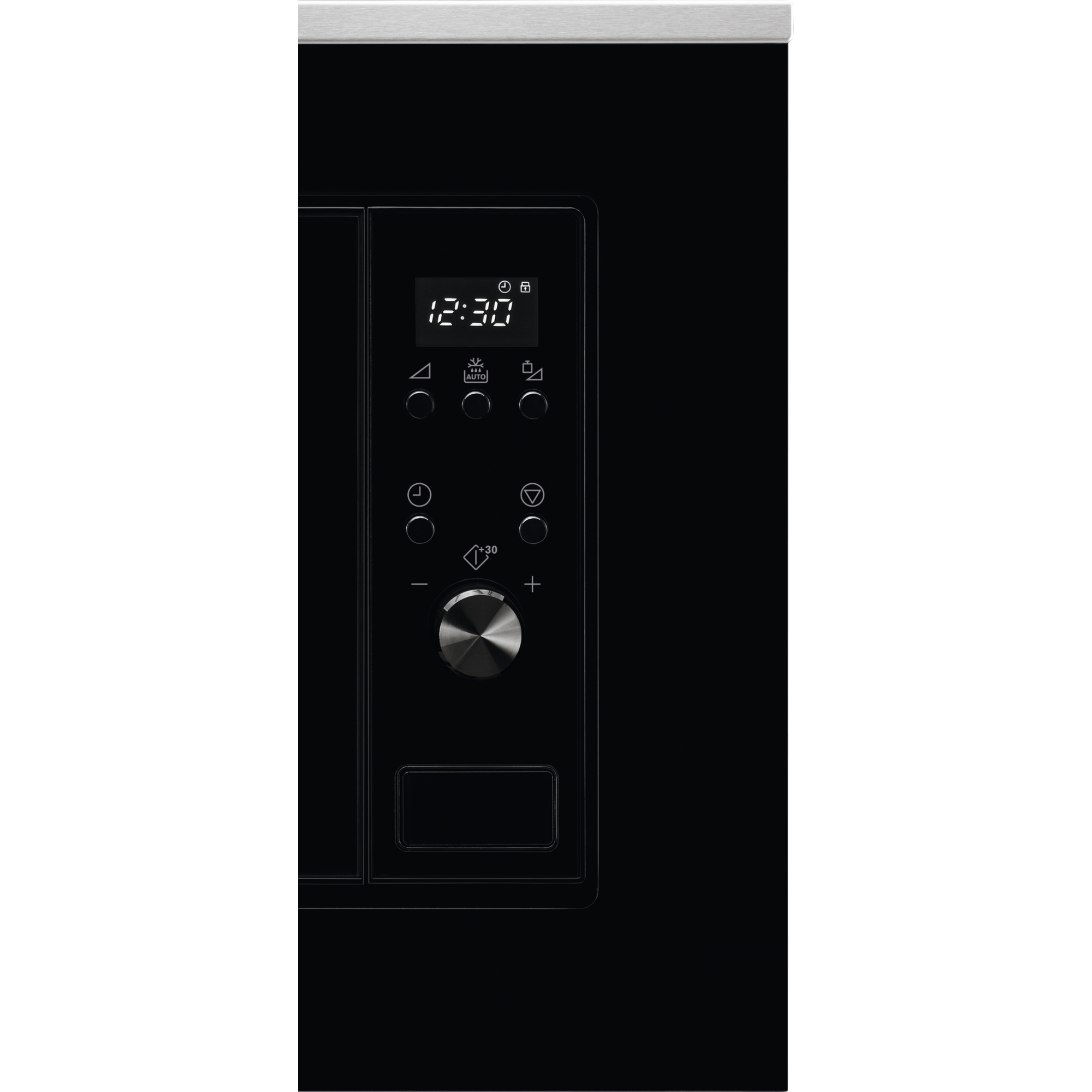 Primer plano de un panel de control de microondas negro con botones y una pantalla digital que muestra 12:30.