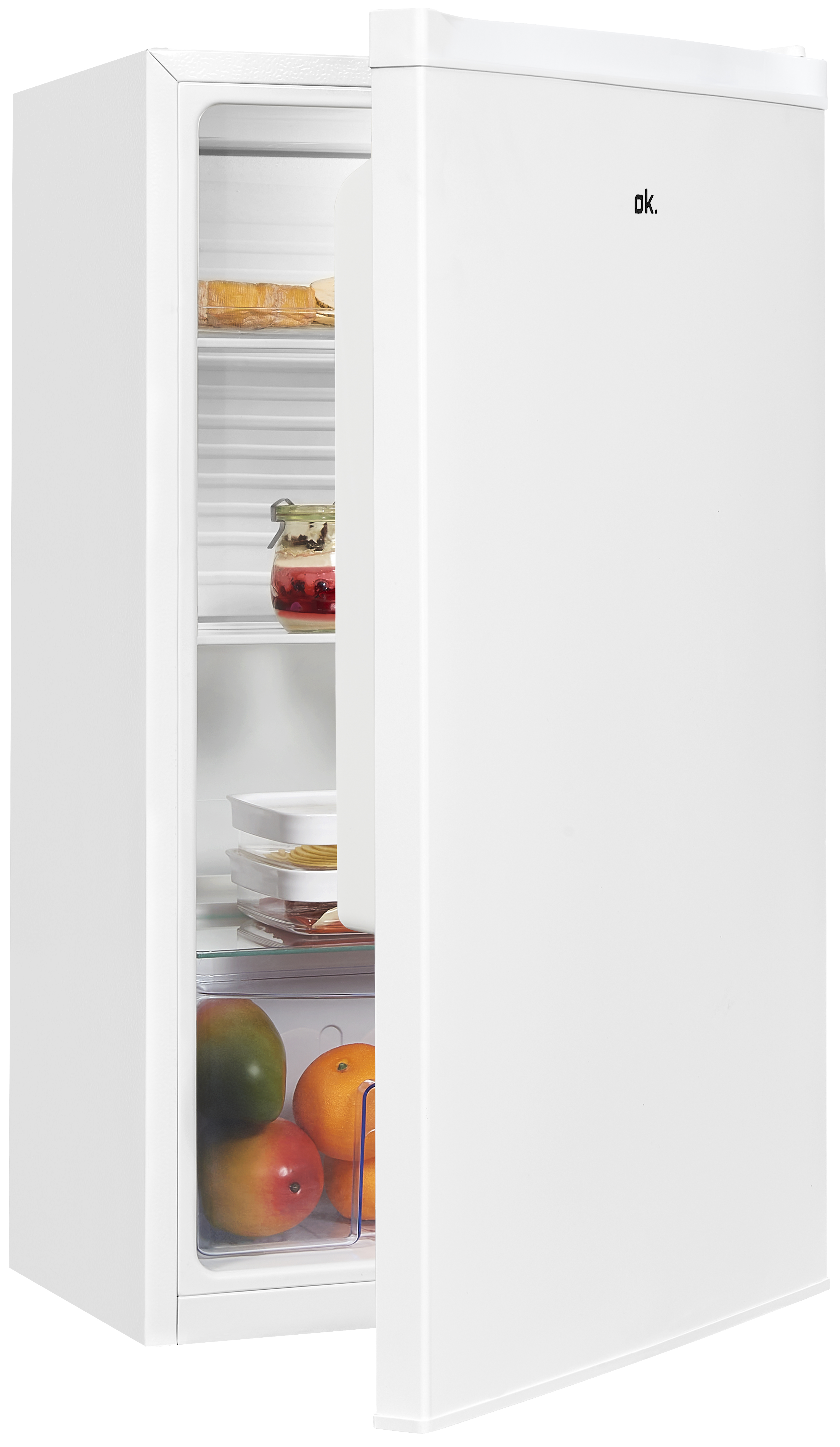Réfrigérateur blanc avec une porte ouverte, montrant des étagères et des aliments.