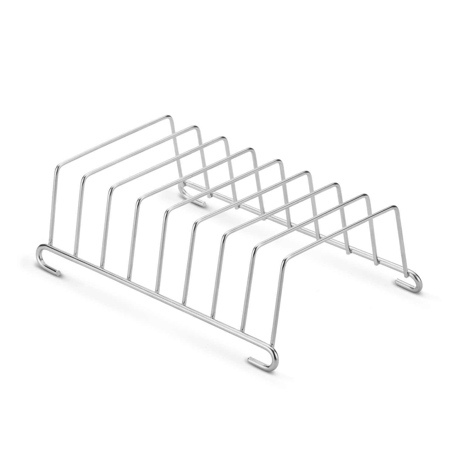 Escurridor cromado, un utensilio de cocina hecho de alambre con una estructura similar a una rejilla.