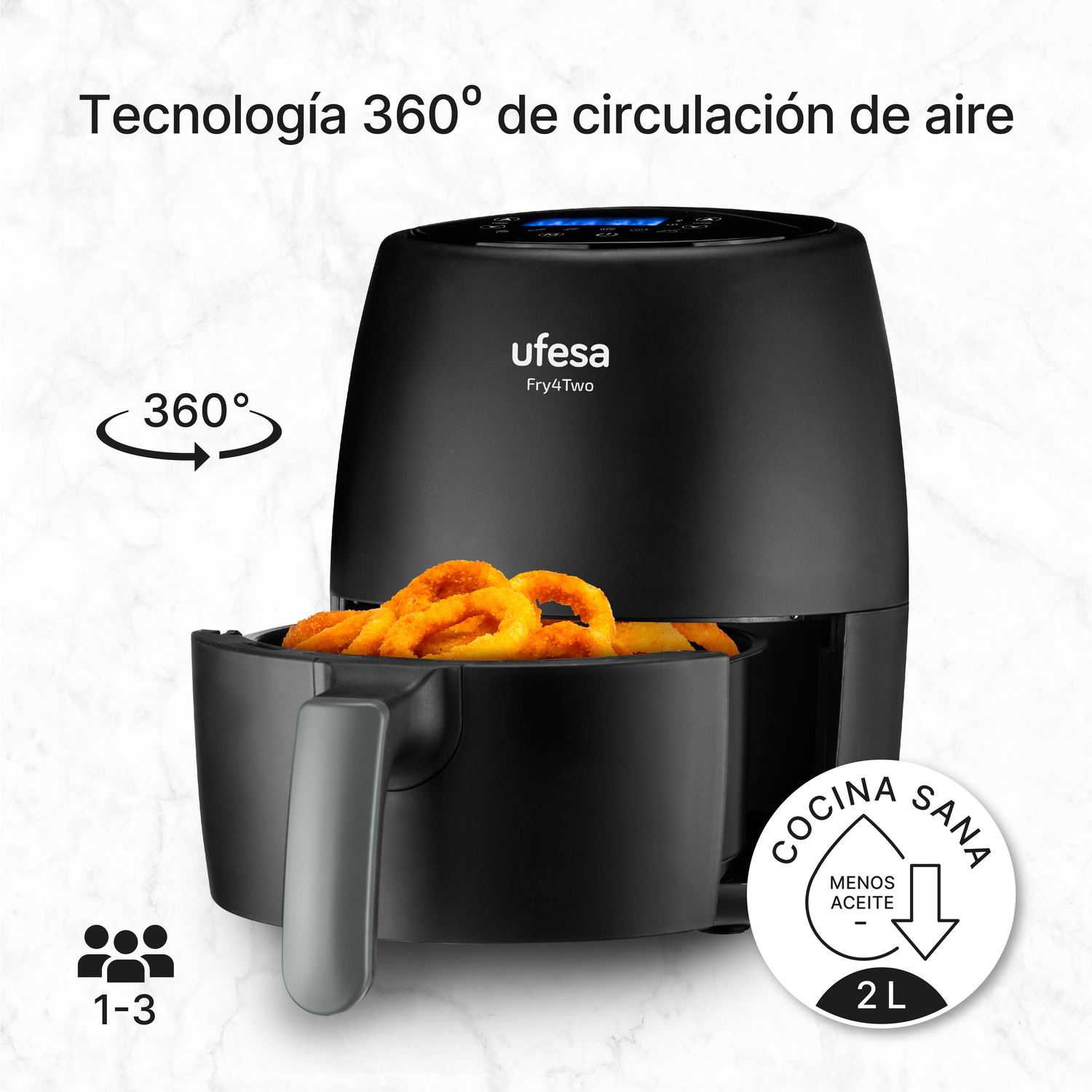 Freidora de aire - Ufesa FRY4TWO, 1200 W, 6 programas, 2 litros,  Táctil, Negro