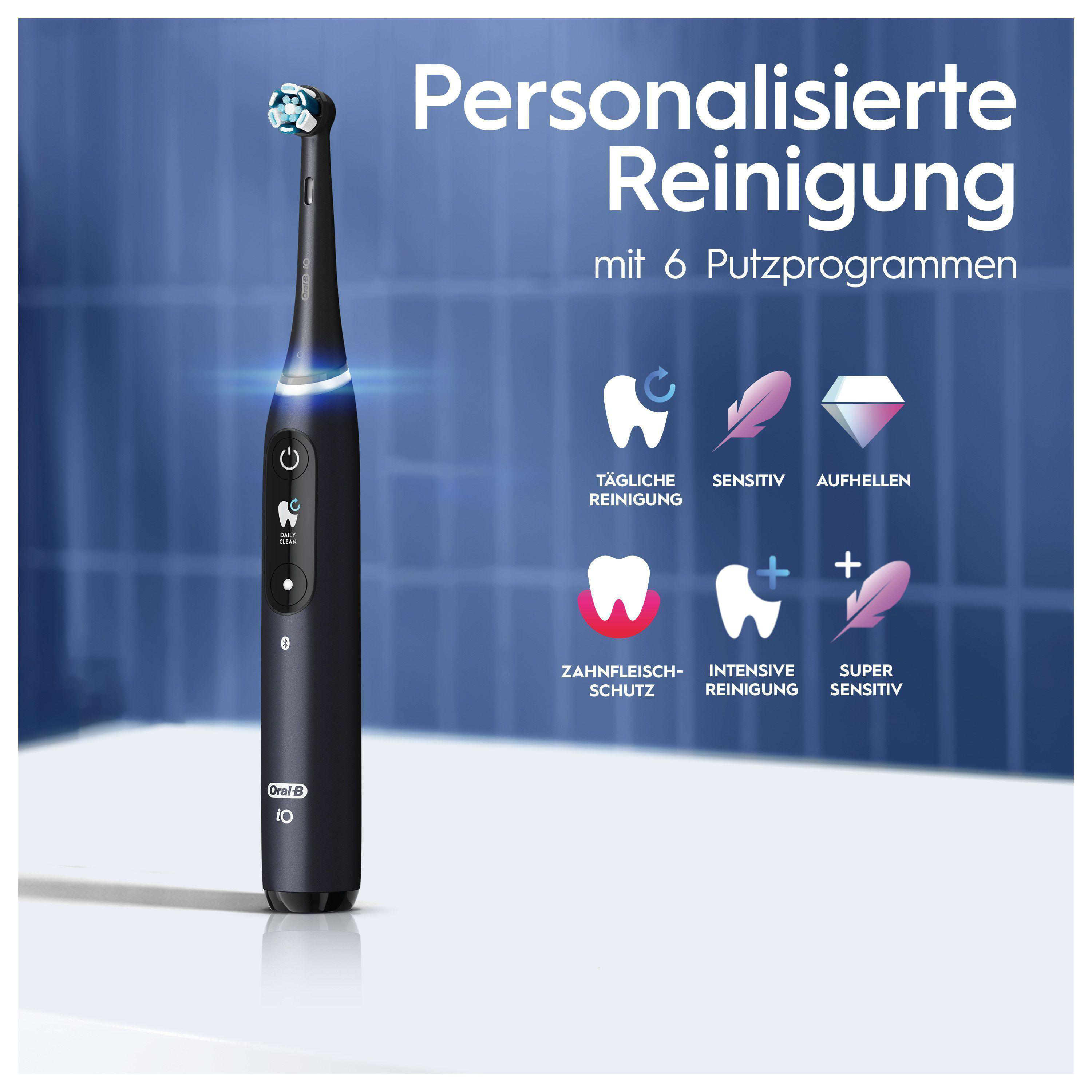 Schwarze elektrische Zahnbürste mit Symbolen und Text. Bietet personalisierte Reinigung.