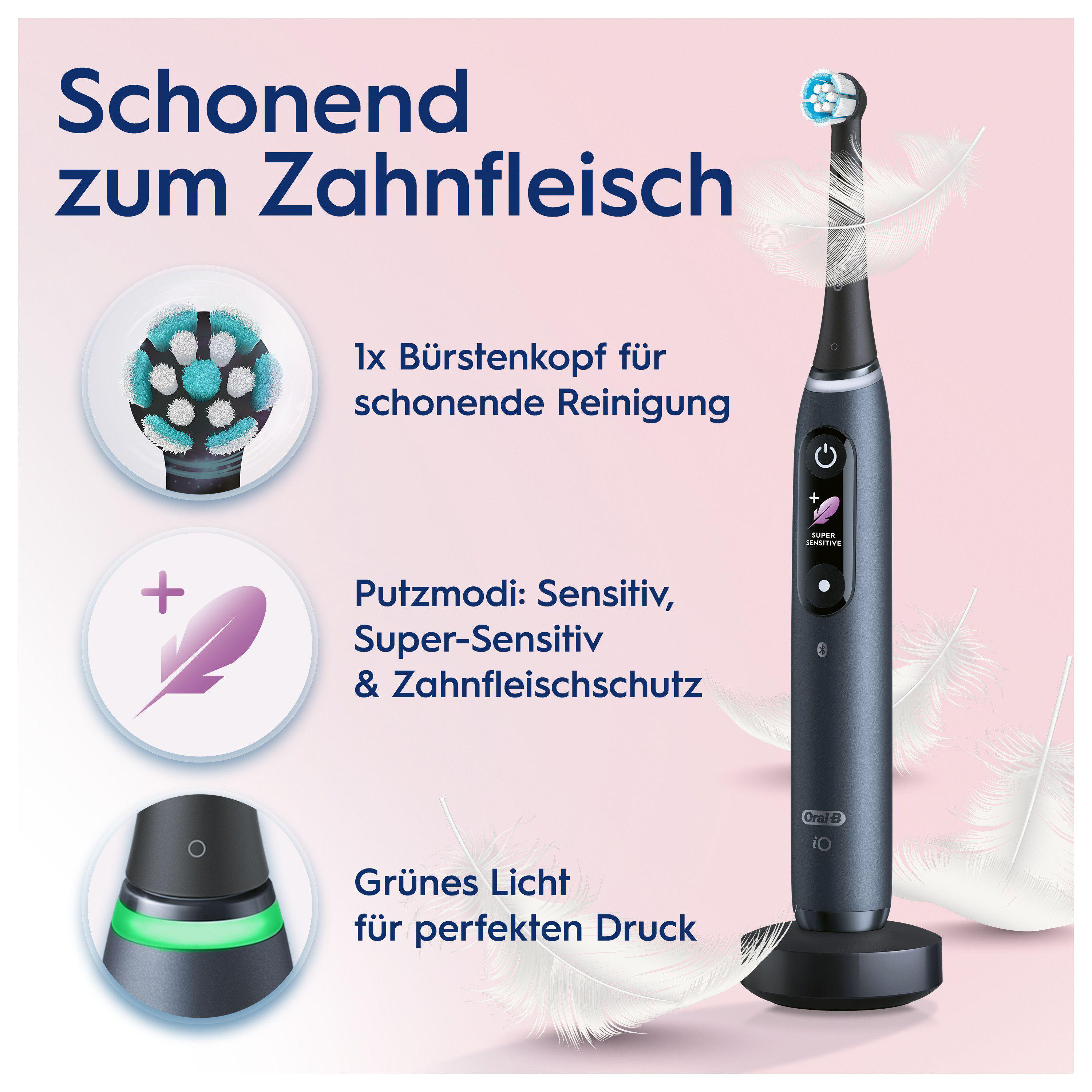Eine elektrische Zahnbürste mit Bürstenkopf und Ladestation. Weiße Federn sind in der Nähe.