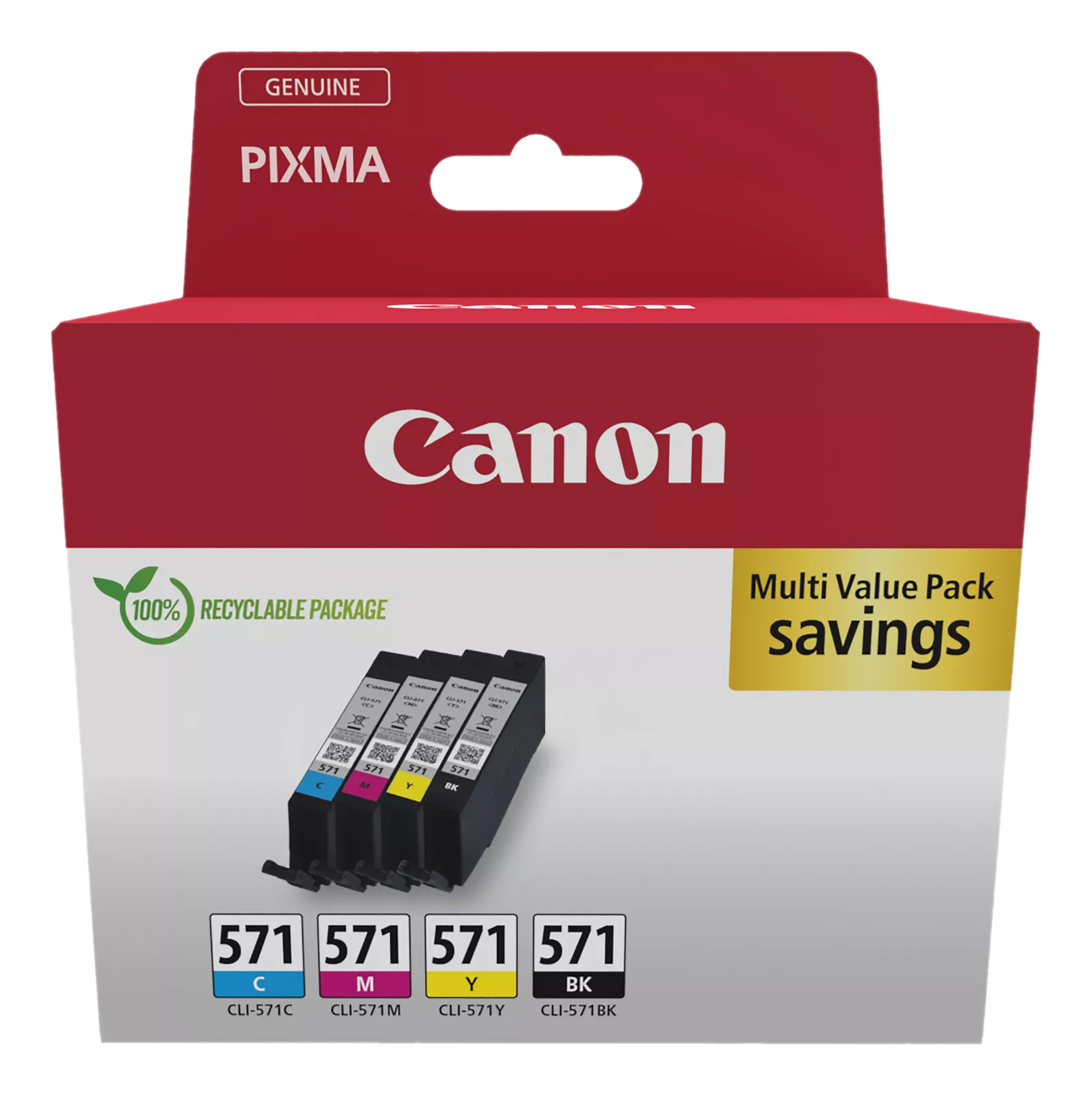 Boîte de cartouches d'encre Canon, avec un pack multi-valeurs de quatre cartouches.