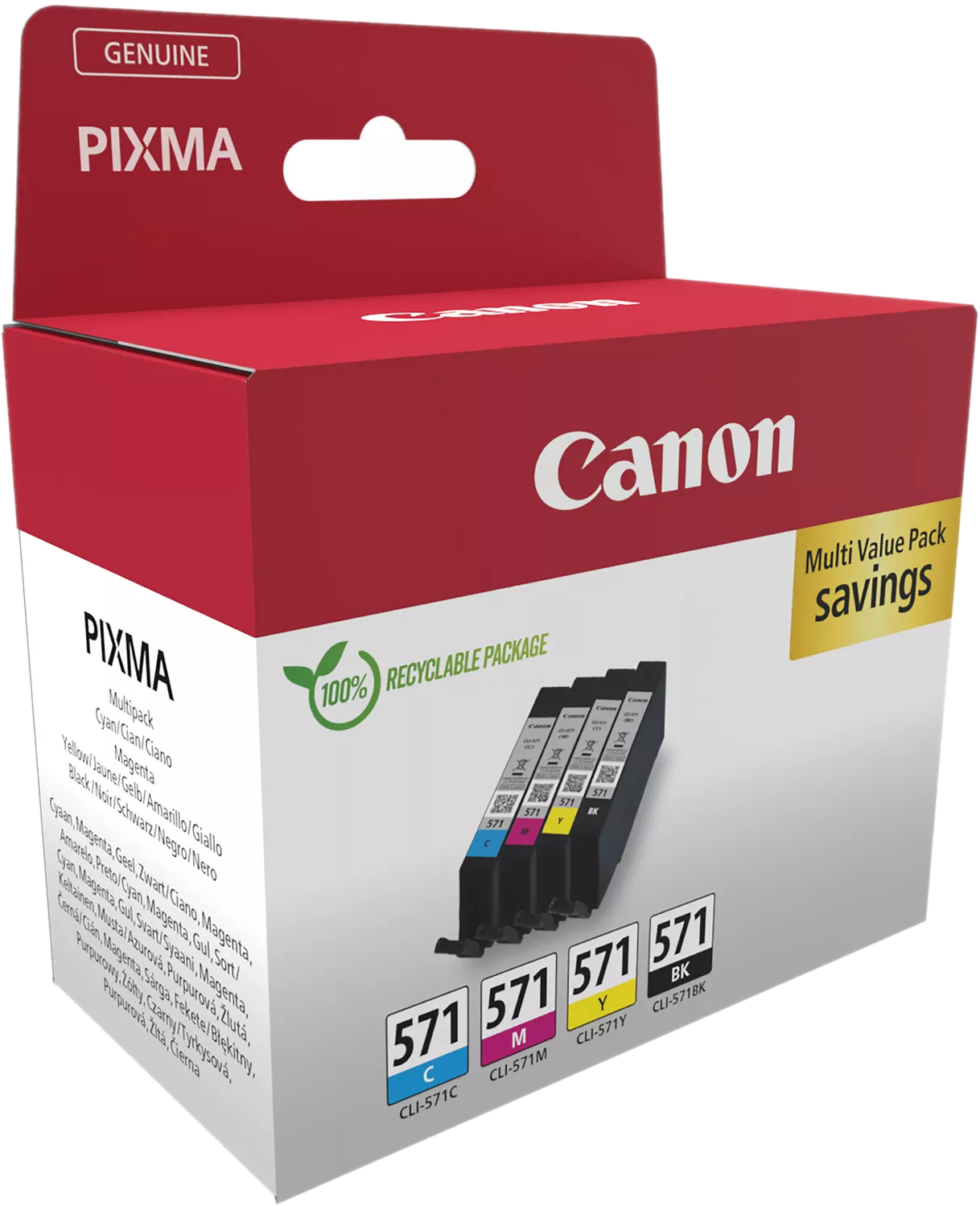 Une boîte de cartouches d'encre Canon. Rouge, avec des cartouches noires, cyan, magenta et jaunes.