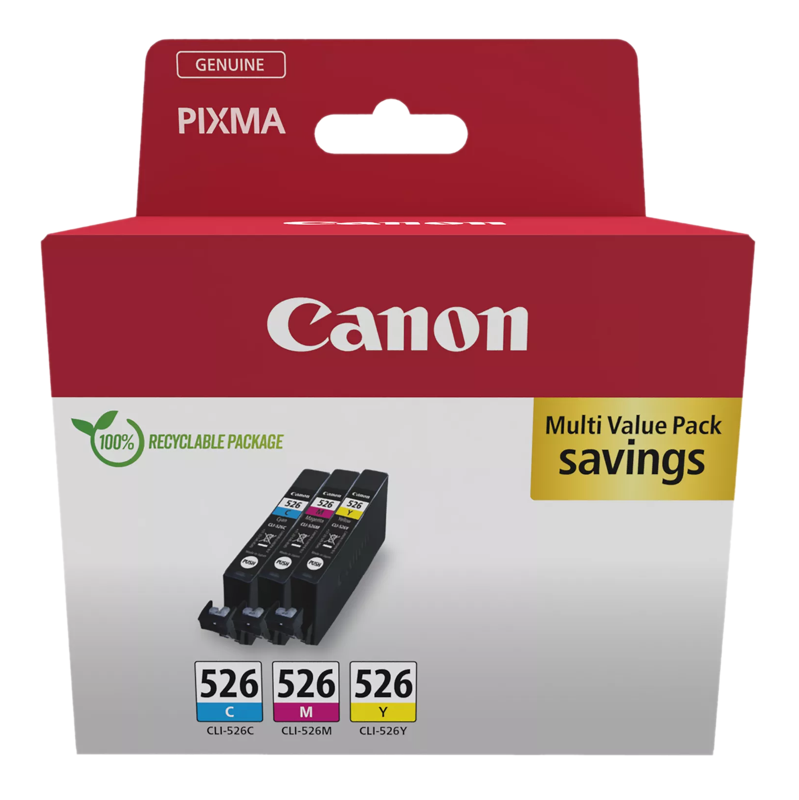Canon Tintenpatronen in einer Box. Die Box ist rot und weiß mit dem Canon-Logo und Tintenpatronen-Infos.