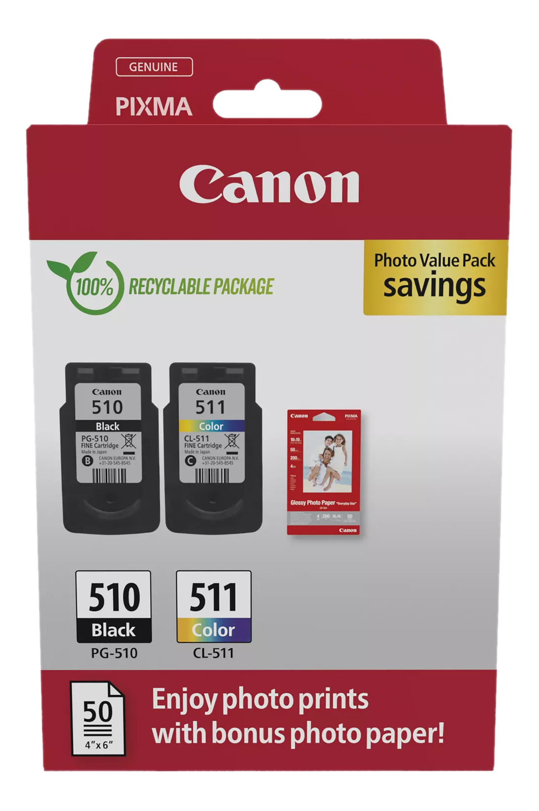 Canon Druckerpatronen in einer Box: Schwarz und Farbe, mit Bonus-Fotopapier.