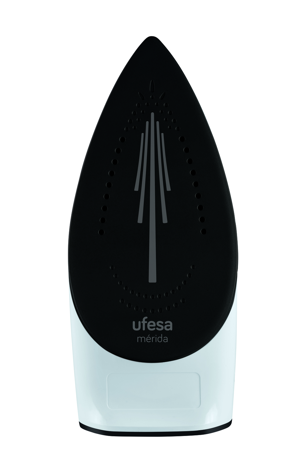 Suela de plancha blanca y negra con orificios de vapor. Ufesa Mérida impreso.