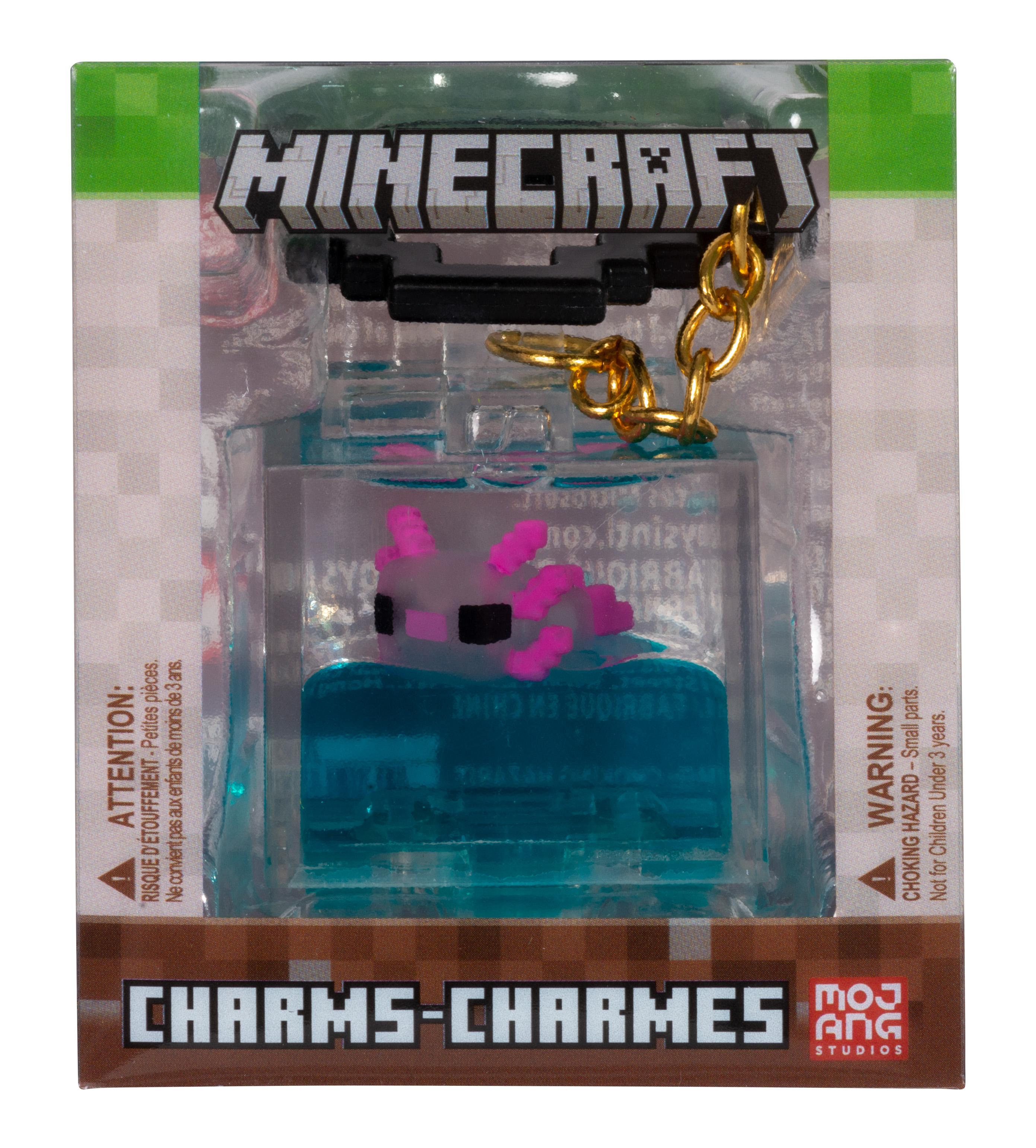 Ein Minecraft-Spielzeug in einem Plastikbehälter, mit einem rosa Axolotl darin, auf einer Box.