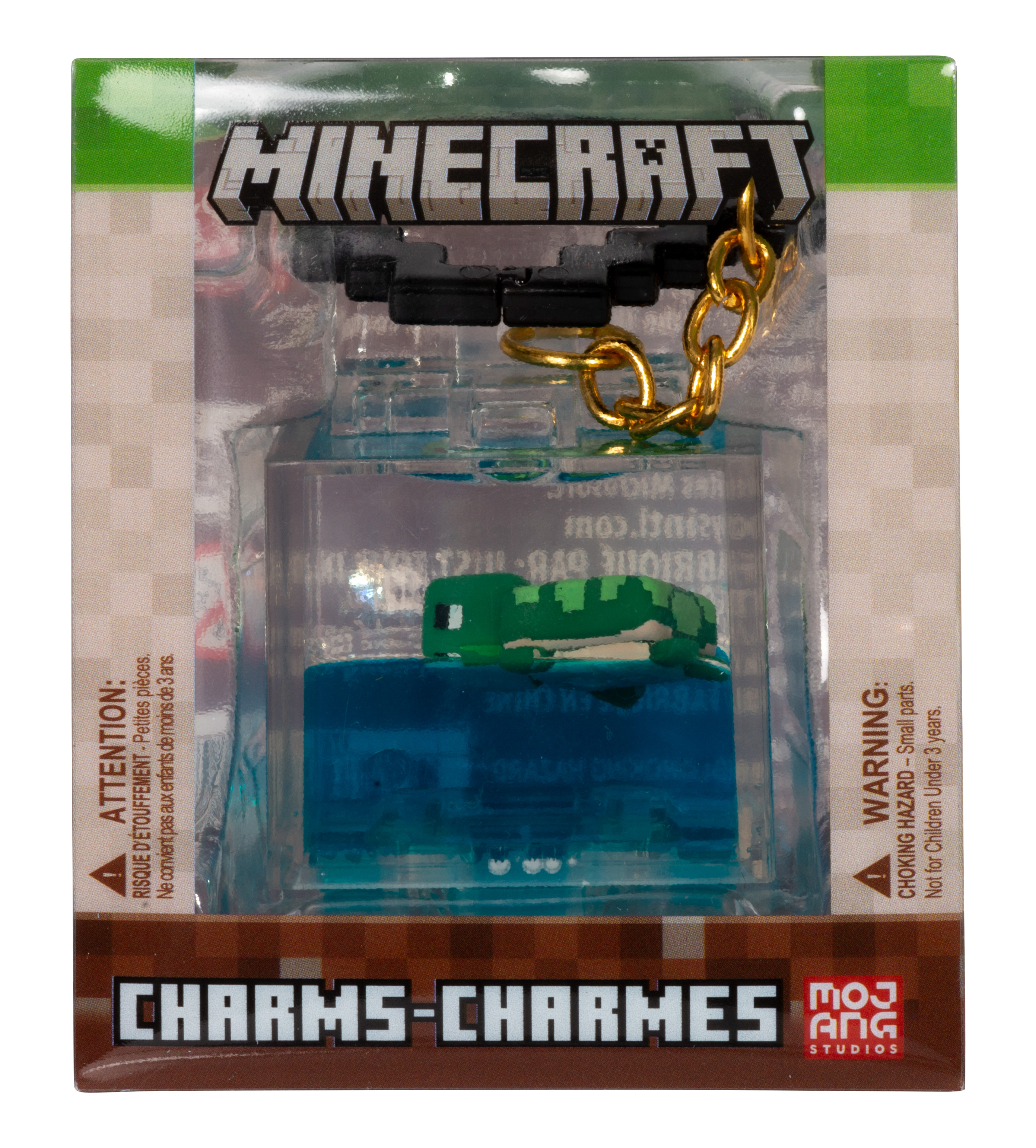 Minecraft-Schlüsselanhänger in durchsichtiger Hülle, mit grüner Figur und Kette.