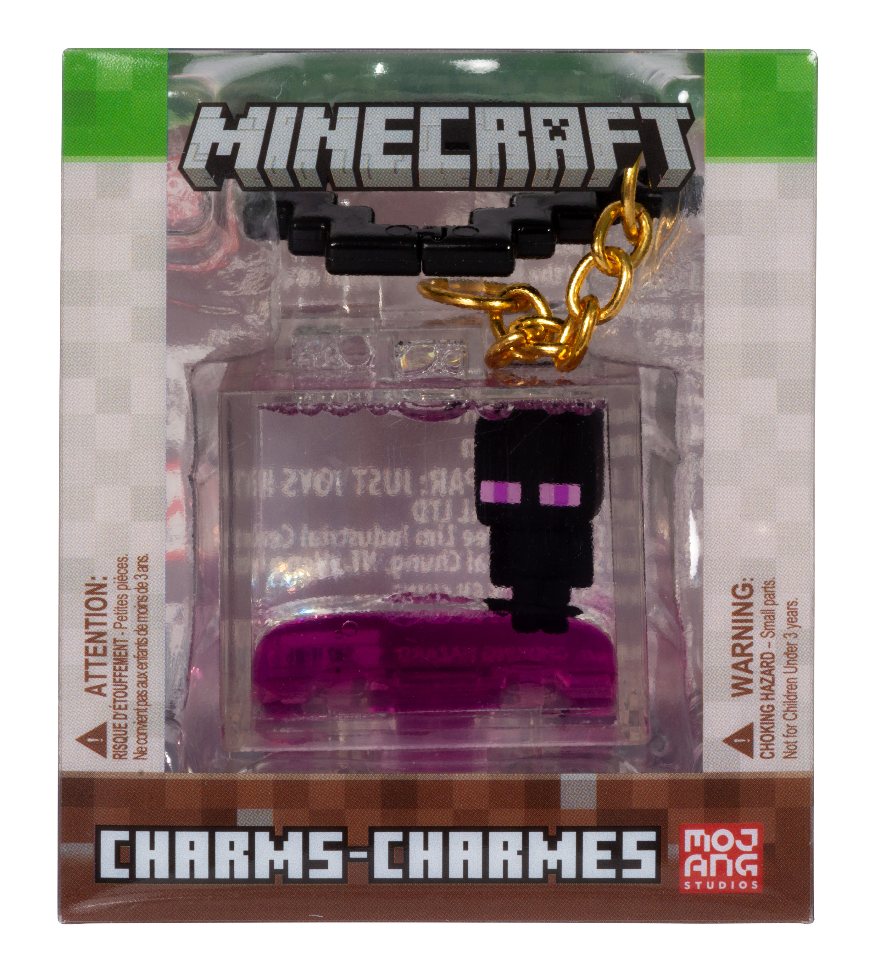Minecraft Enderman Schlüsselanhänger in einer durchsichtigen Kunststoffhülle. Goldkette, lila Flüssigkeit und Minecraft-Logo.