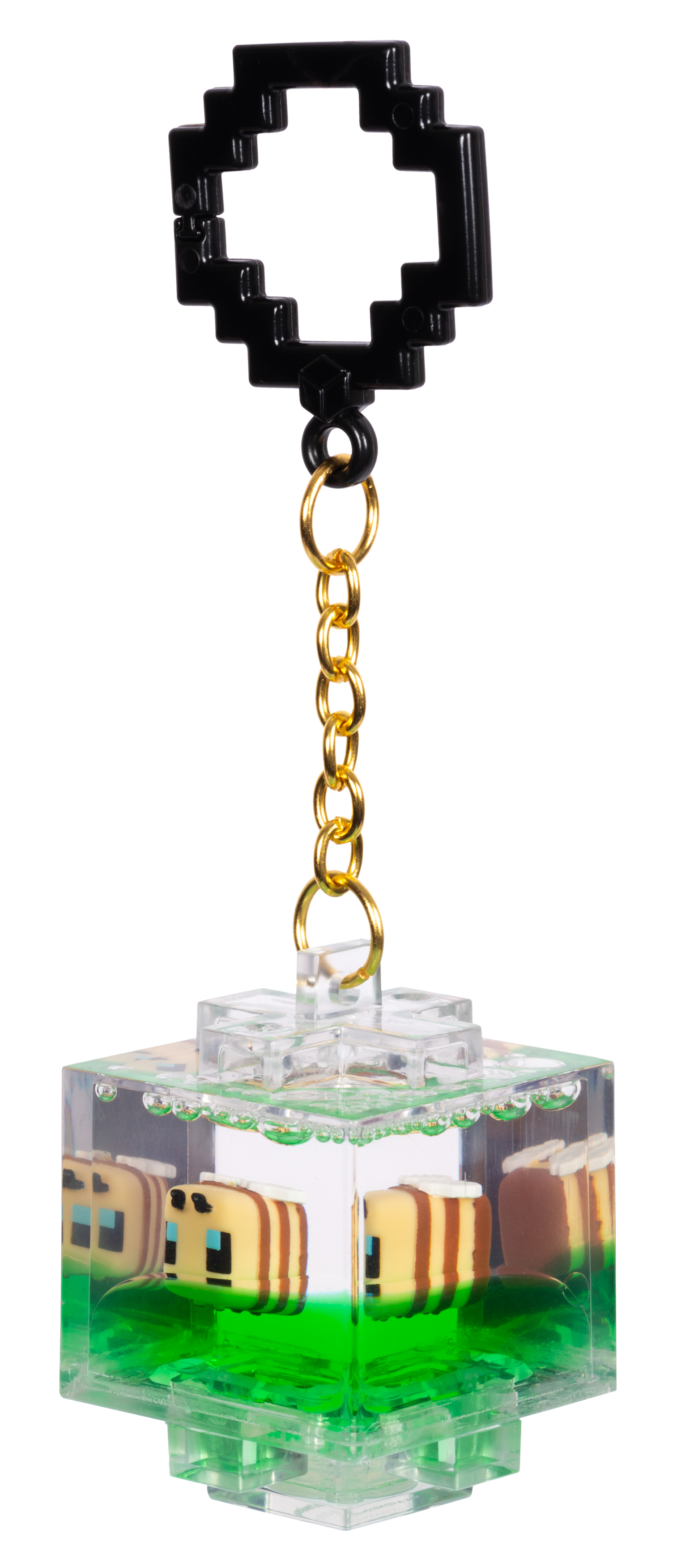 Ein Minecraft-Schlüsselanhänger mit pixeligem Diamanten und Bienenfiguren im Würfel.