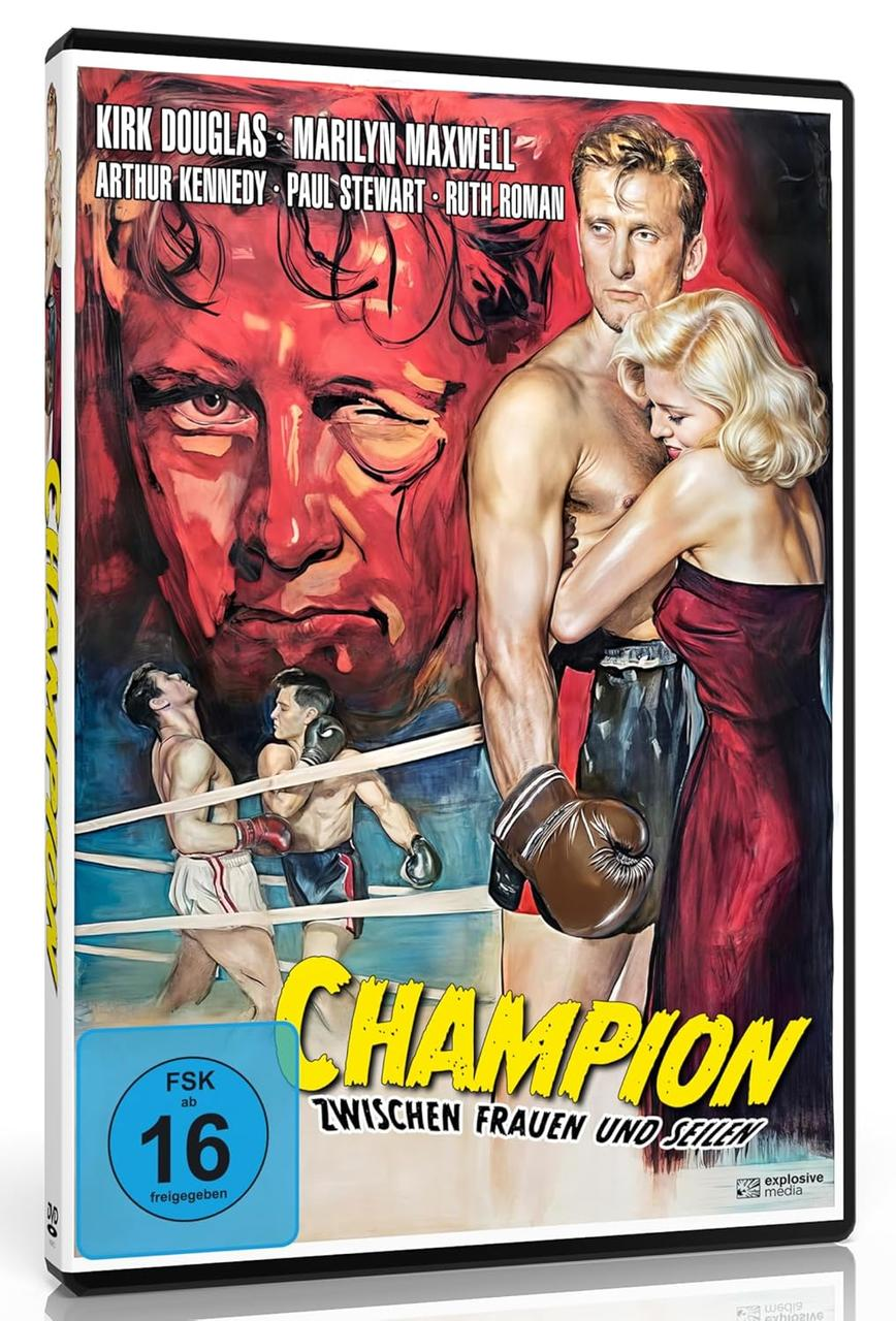 DVD-Cover von 'Champion'. Ein Boxer, eine Frau in rotem Kleid und ein weiterer Boxer.