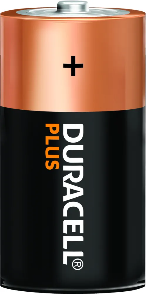 Una batteria Duracell cilindrica, parte superiore in rame, corpo nero e segno più.