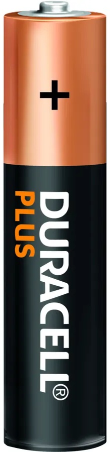 Una batteria Duracell Plus AA, nera e color rame con un simbolo più.