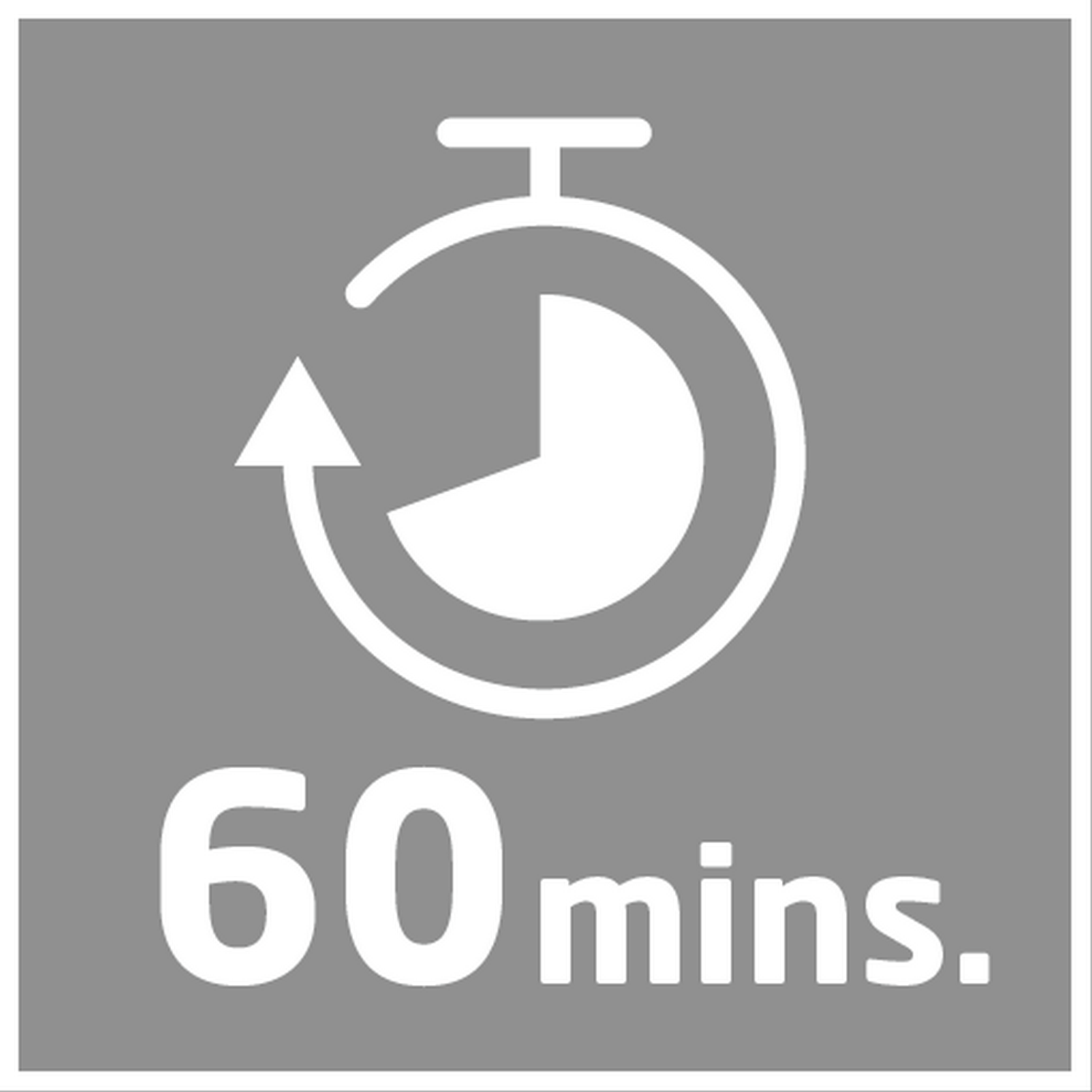 Un cuadrado gris con texto blanco y un gráfico de temporizador blanco. El texto dice 60 minutos.