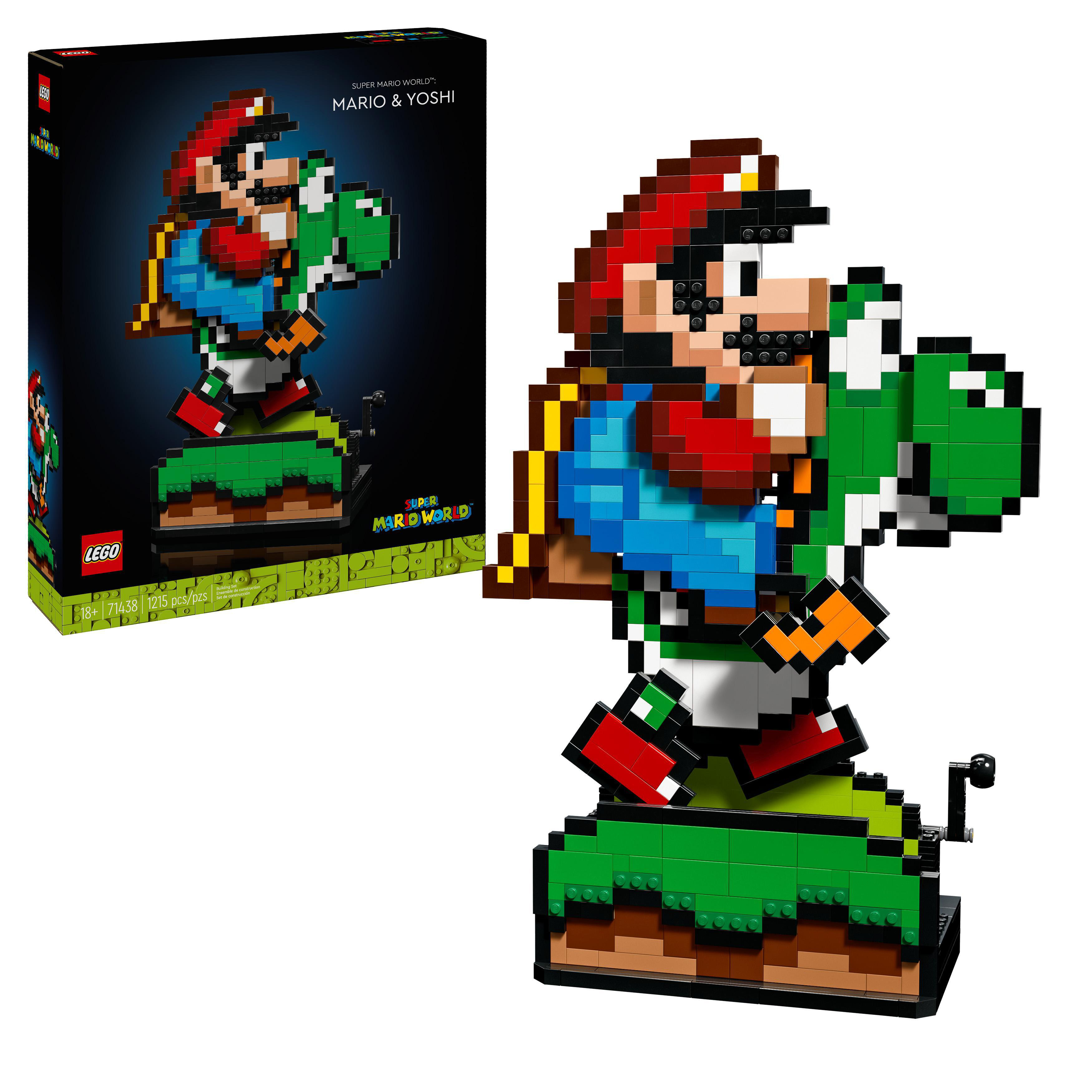 Ein LEGO-Set mit Mario und Yoshi. Mario ist rot und blau. Yoshi ist grün.