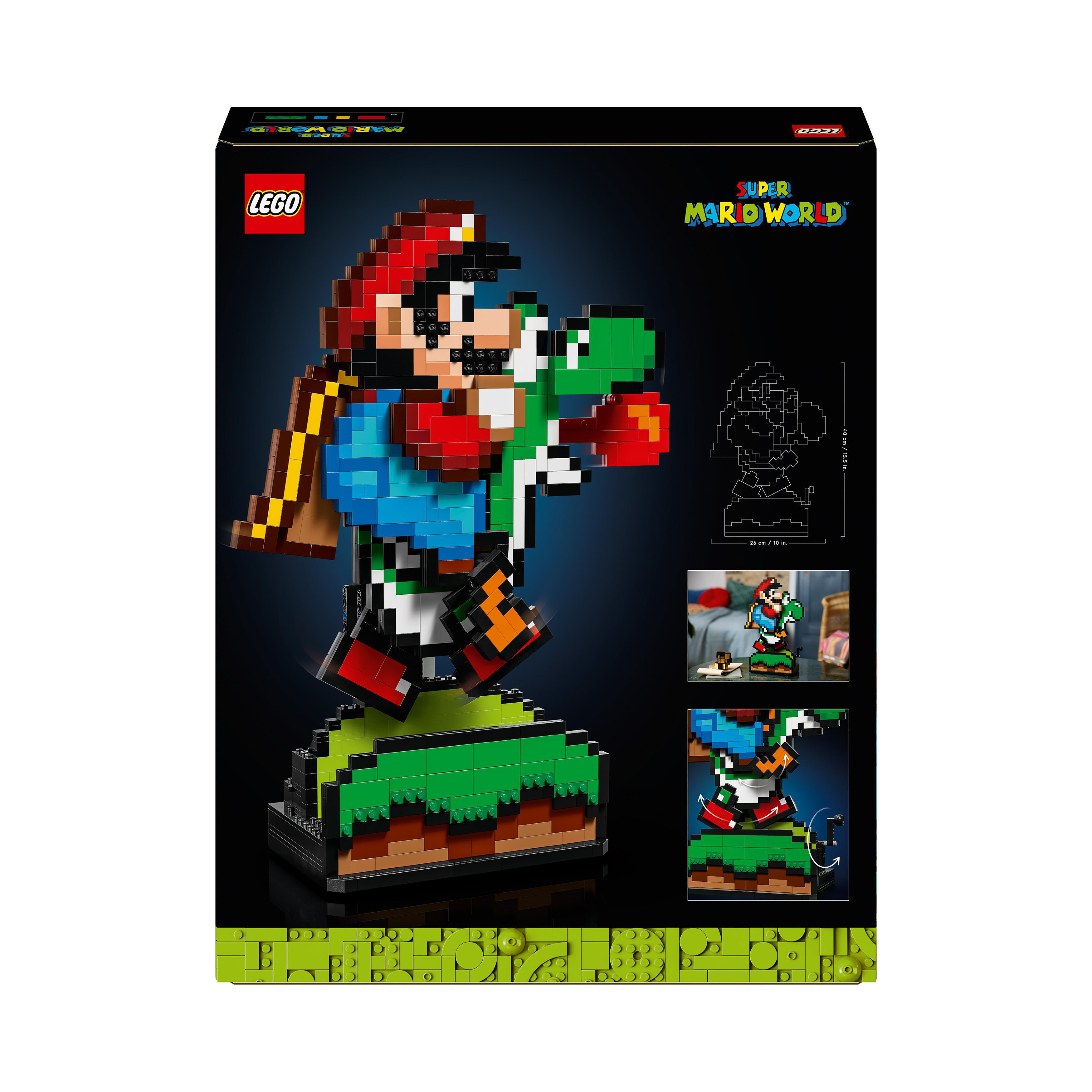 LEGO Super Mario Set-Box mit Mario- und Yoshi-Figuren, mit schwarzem Hintergrund.