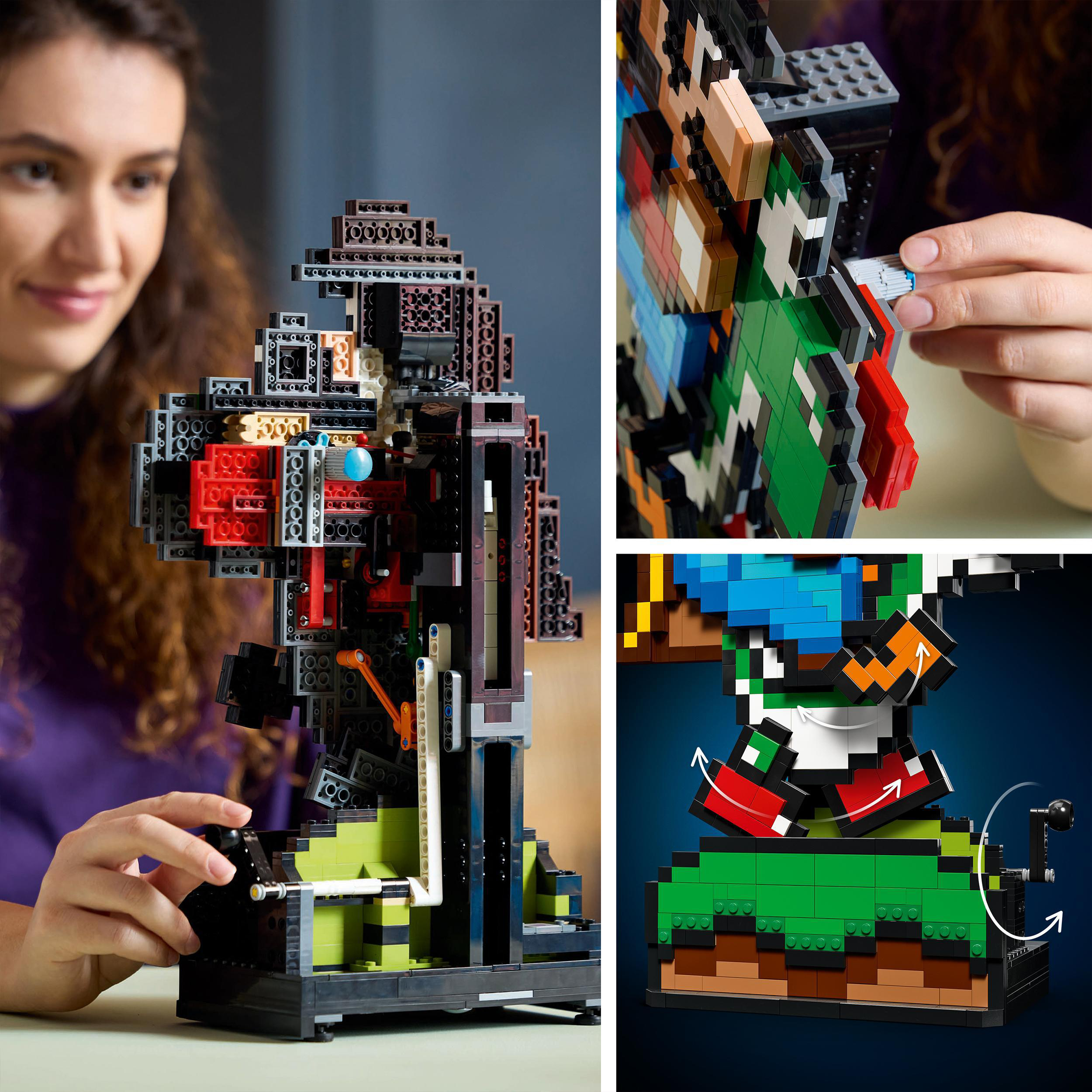 Eine Person baut ein LEGO-Modell einer Retro-Videospiel-Figur, pixelig.