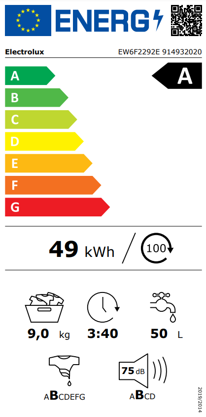 Energia címke mosógéphez, energiahatékonysági információkkal.