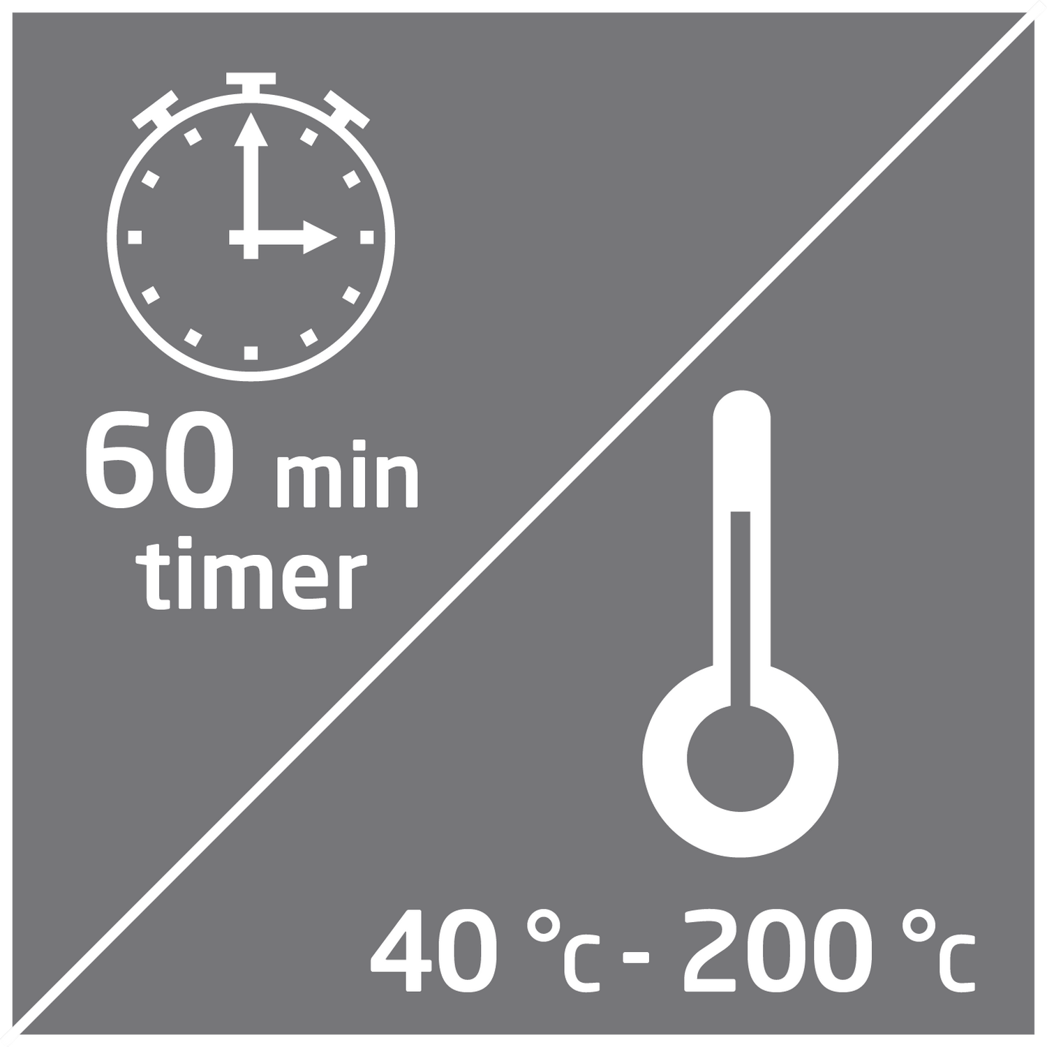 Un gráfico muestra un temporizador configurado en 60 minutos y un termómetro con un rango de 40°C a 200°C.