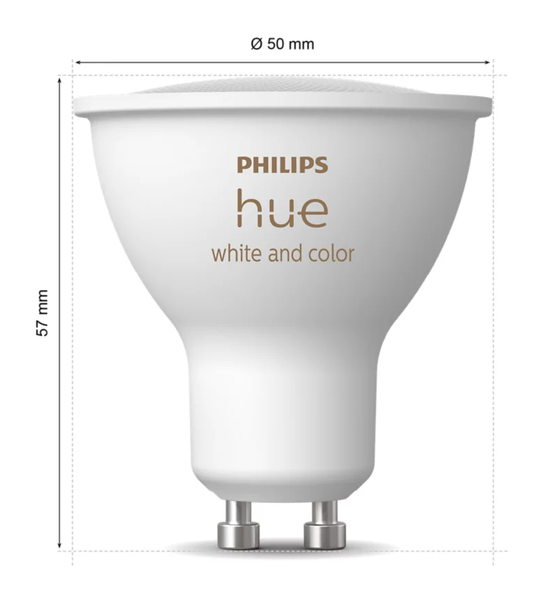 Biała inteligentna żarówka Philips Hue z wymiarami i napisem 'white and color'.