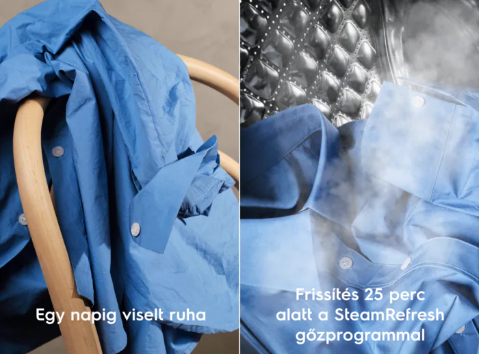 Két kép kék ingekről. Az egyik széken lóg, a másik gőzölög a mosógépben.