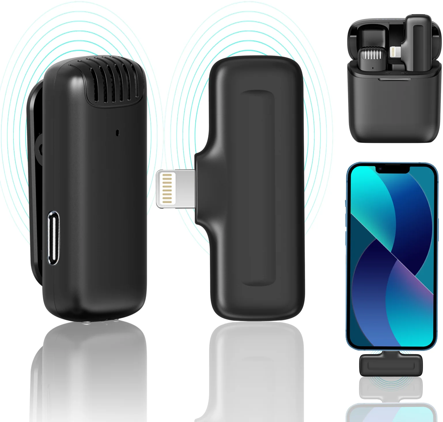 Fekete vezeték nélküli mikrofonkészlet vevővel és telefonadapterrel. Egy telefon is látható.