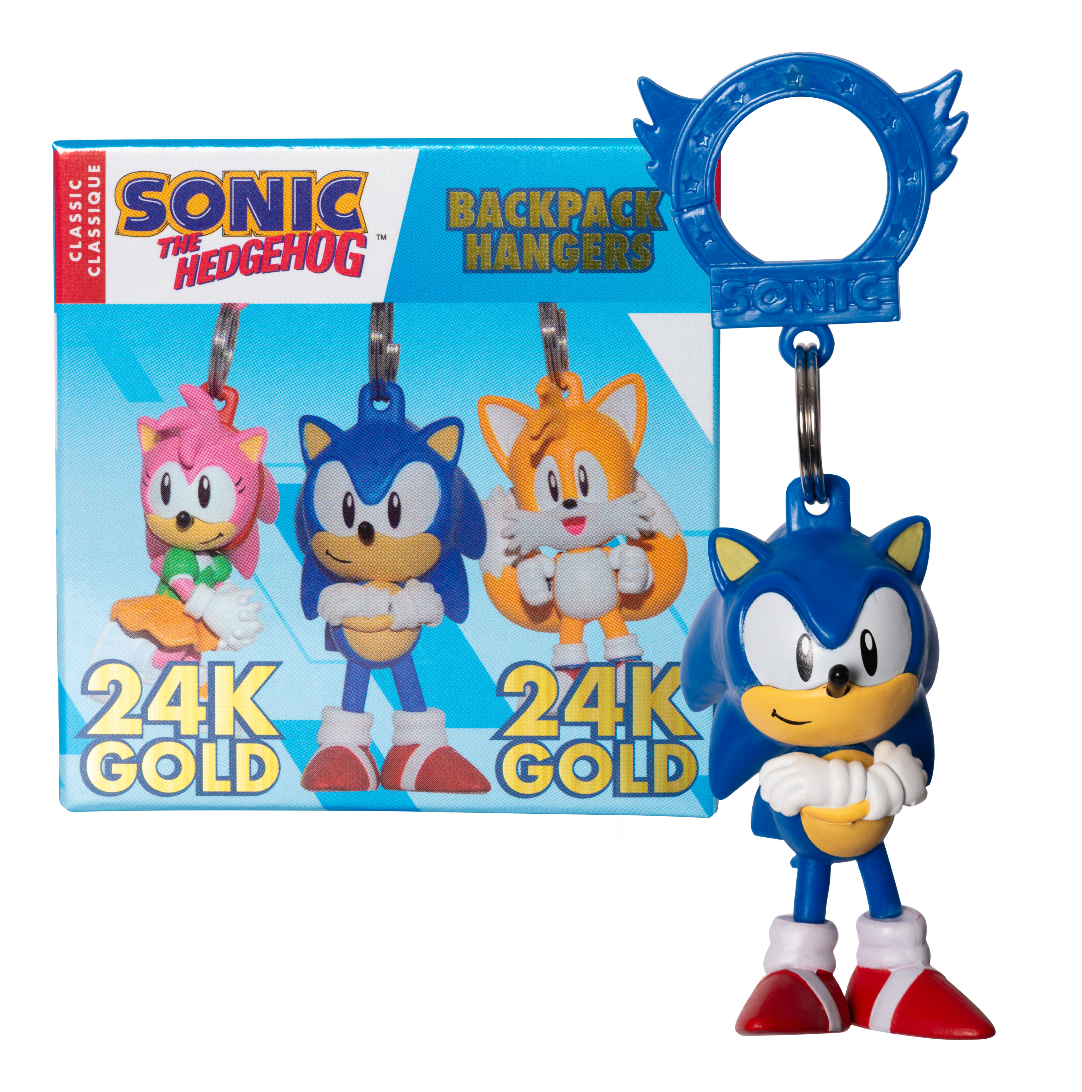 Sonic the Hedgehog Schlüsselanhänger, Box mit Figuren und blauer Sonic-Schlüsselanhänger.