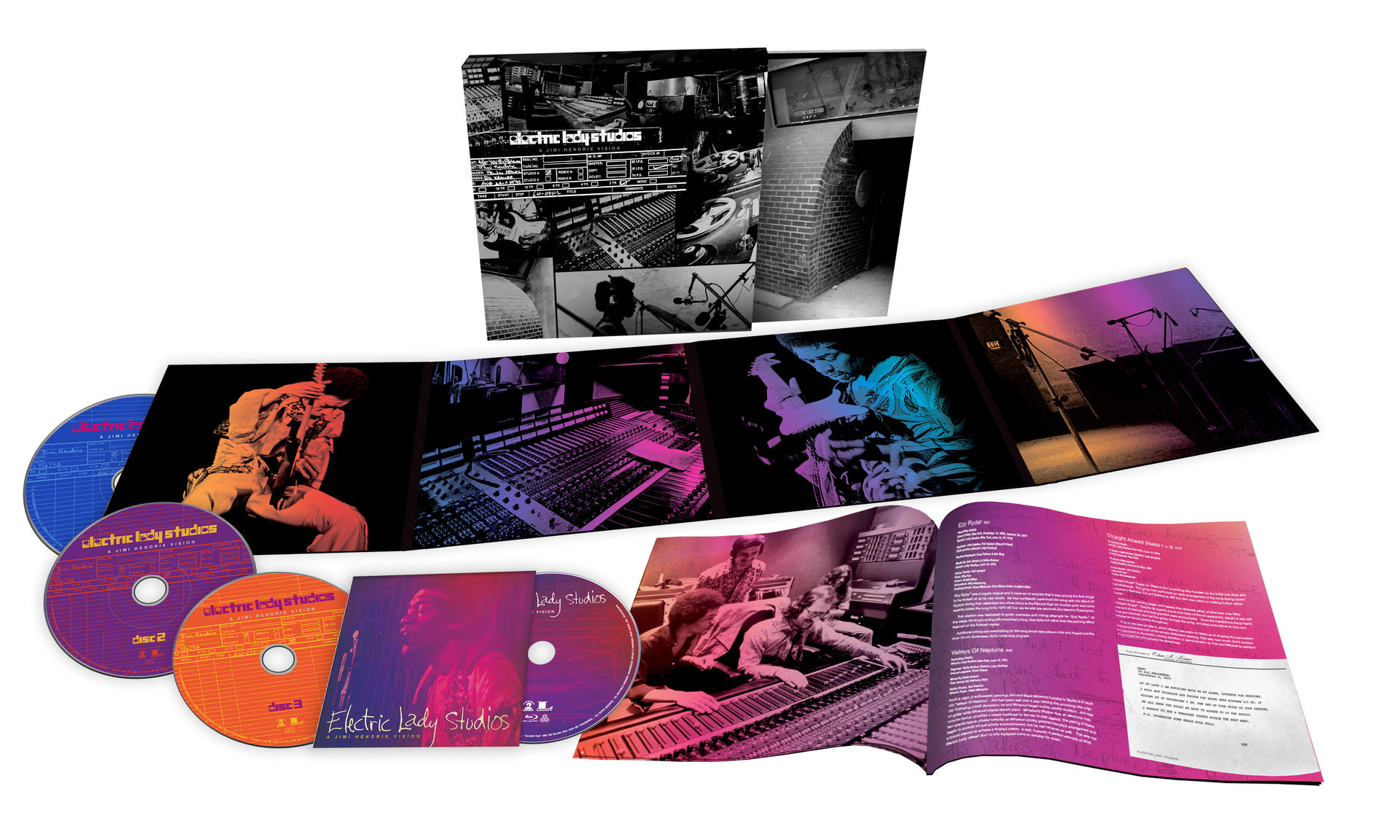 Több lemezes album egy stúdió műalkotásával és CD-kkel. Szöveg: Electric Lady Studios.
