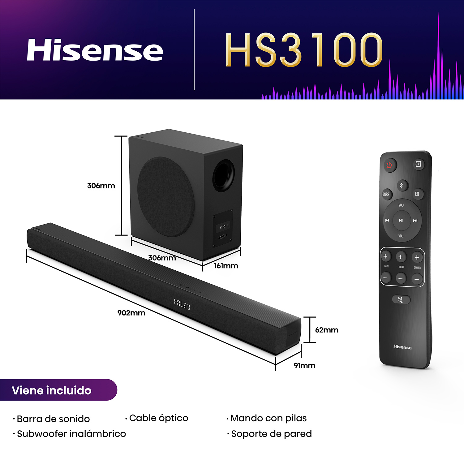 Una barra de sonido y subwoofer negros con dimensiones. Hay un mando a distancia al lado. Fondo blanco.