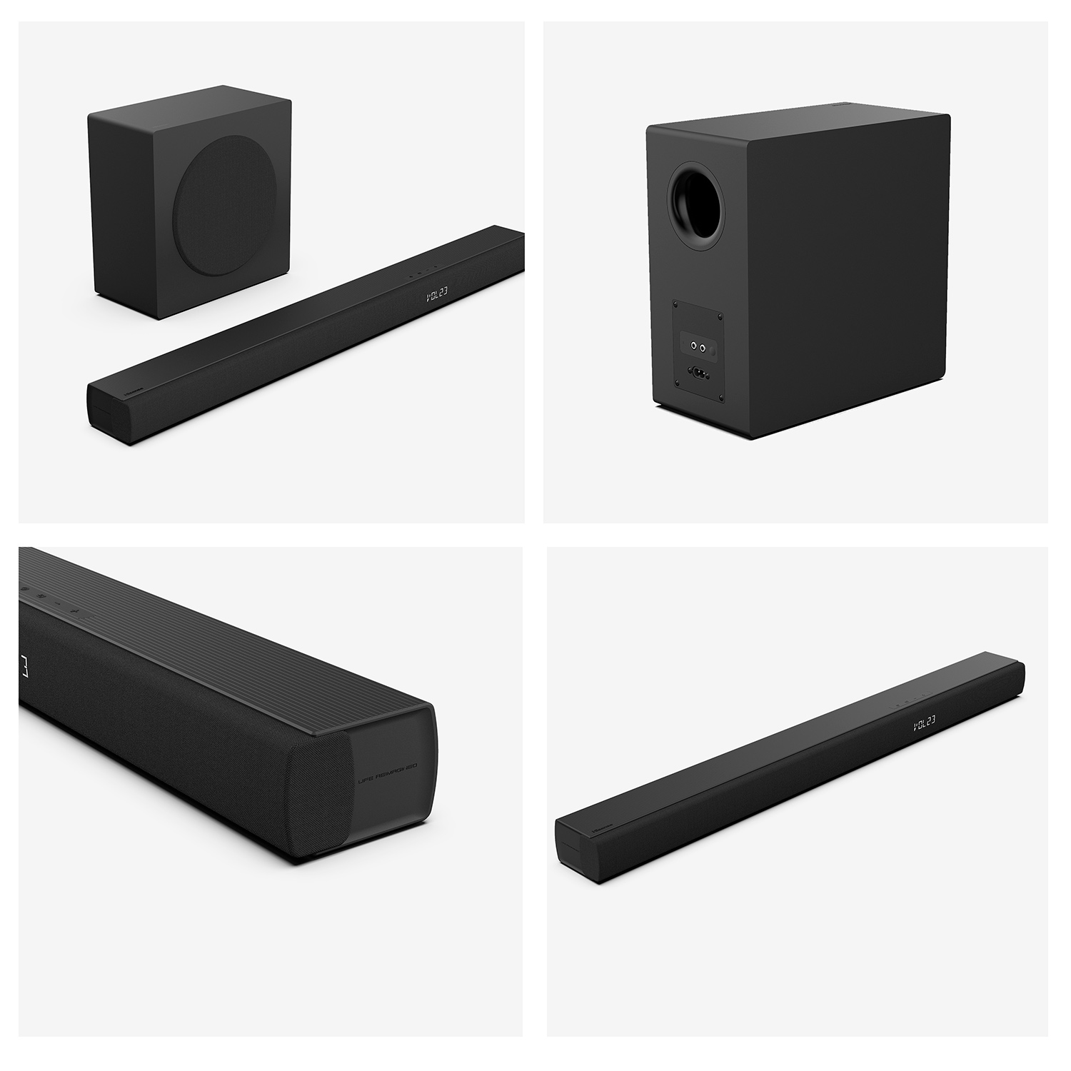 Cuatro imágenes de un juego de barra de sonido y subwoofer negros. Diferentes ángulos muestran el diseño.